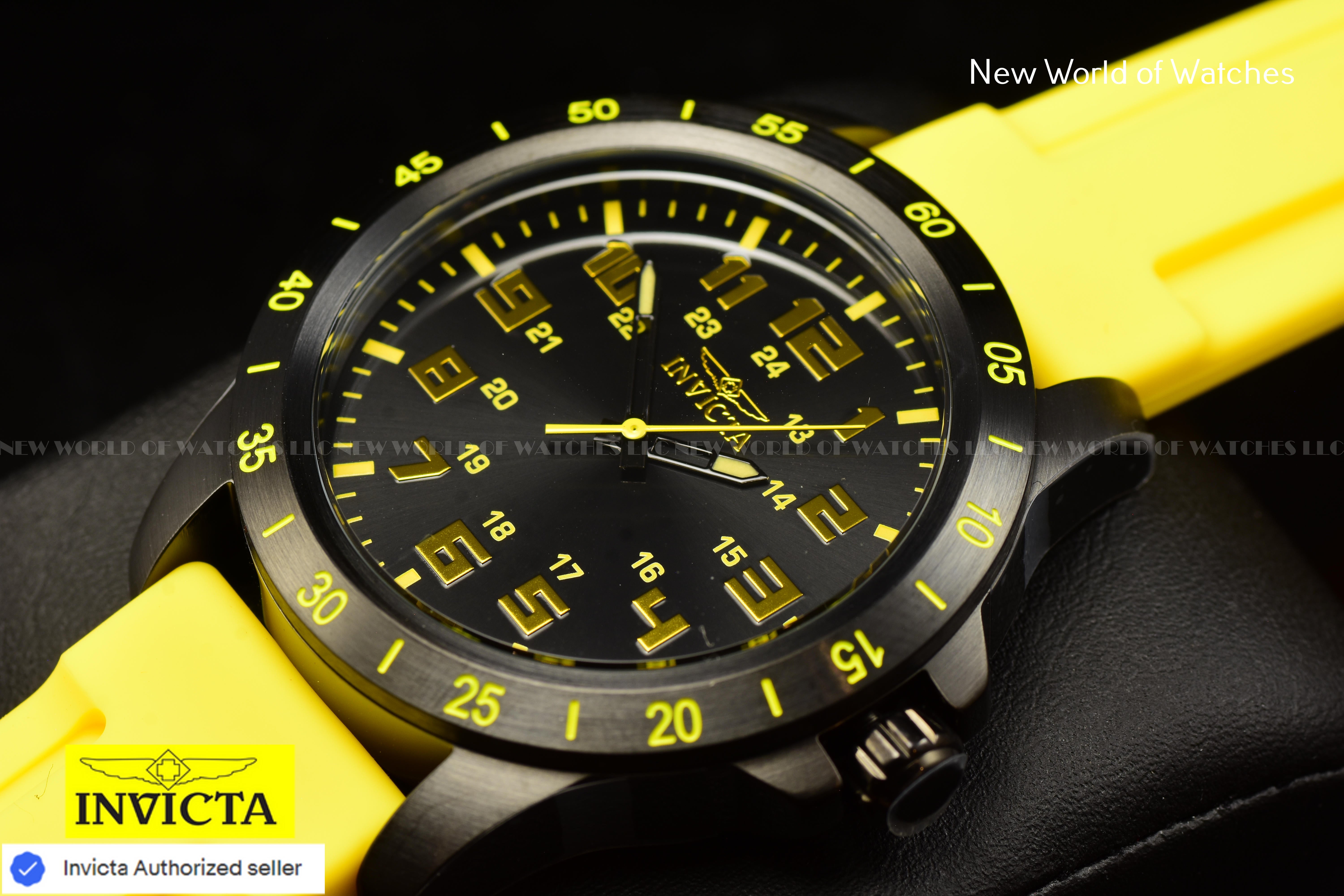 Invicta Pro Diver Men 45mm Japanese Quartz Black Dial Yellow Silicone Band Watch