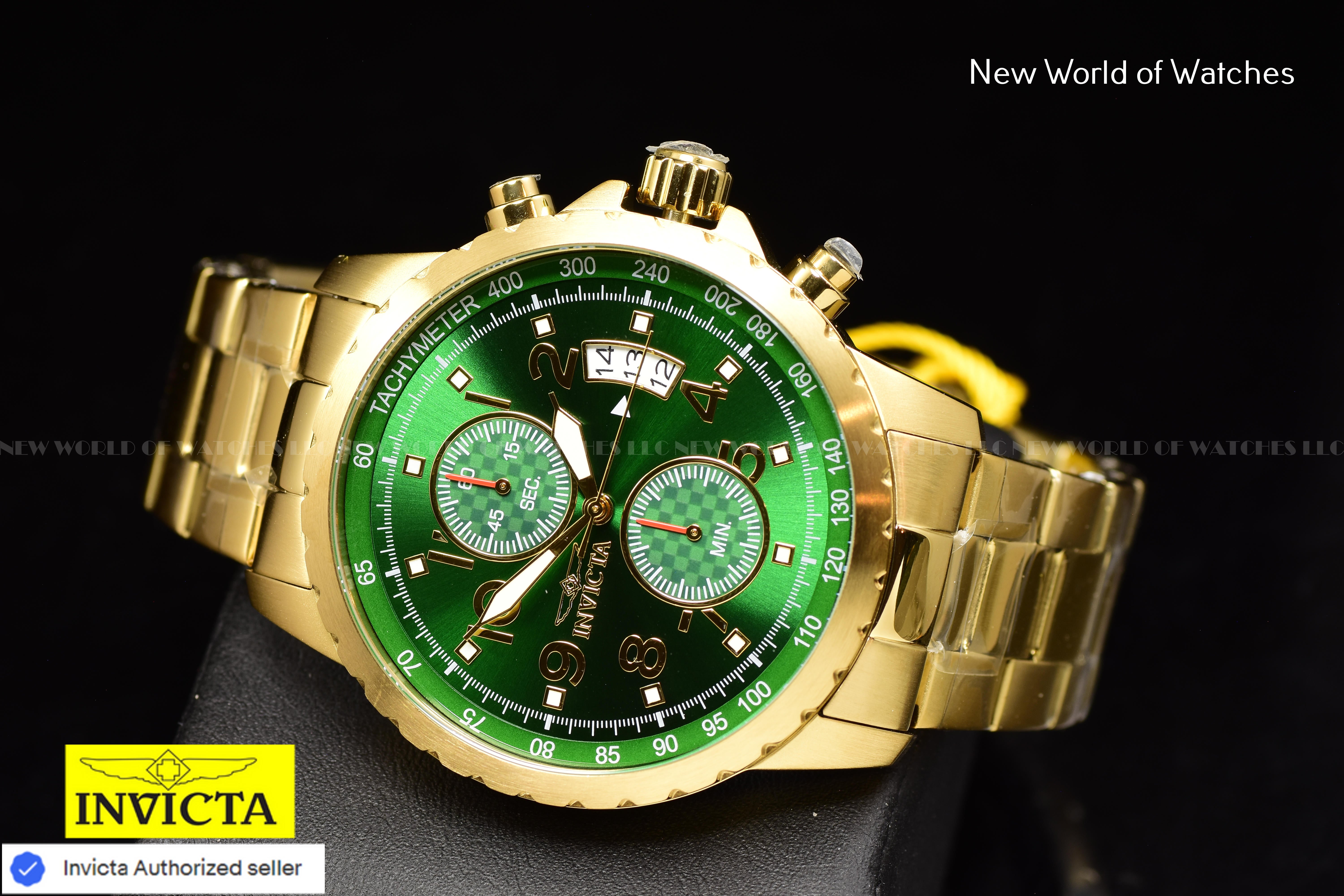 NEW Invicta Men's 45mm PILOT Specialty Chronograph GREEN DIAL Gold Tone SS Watch