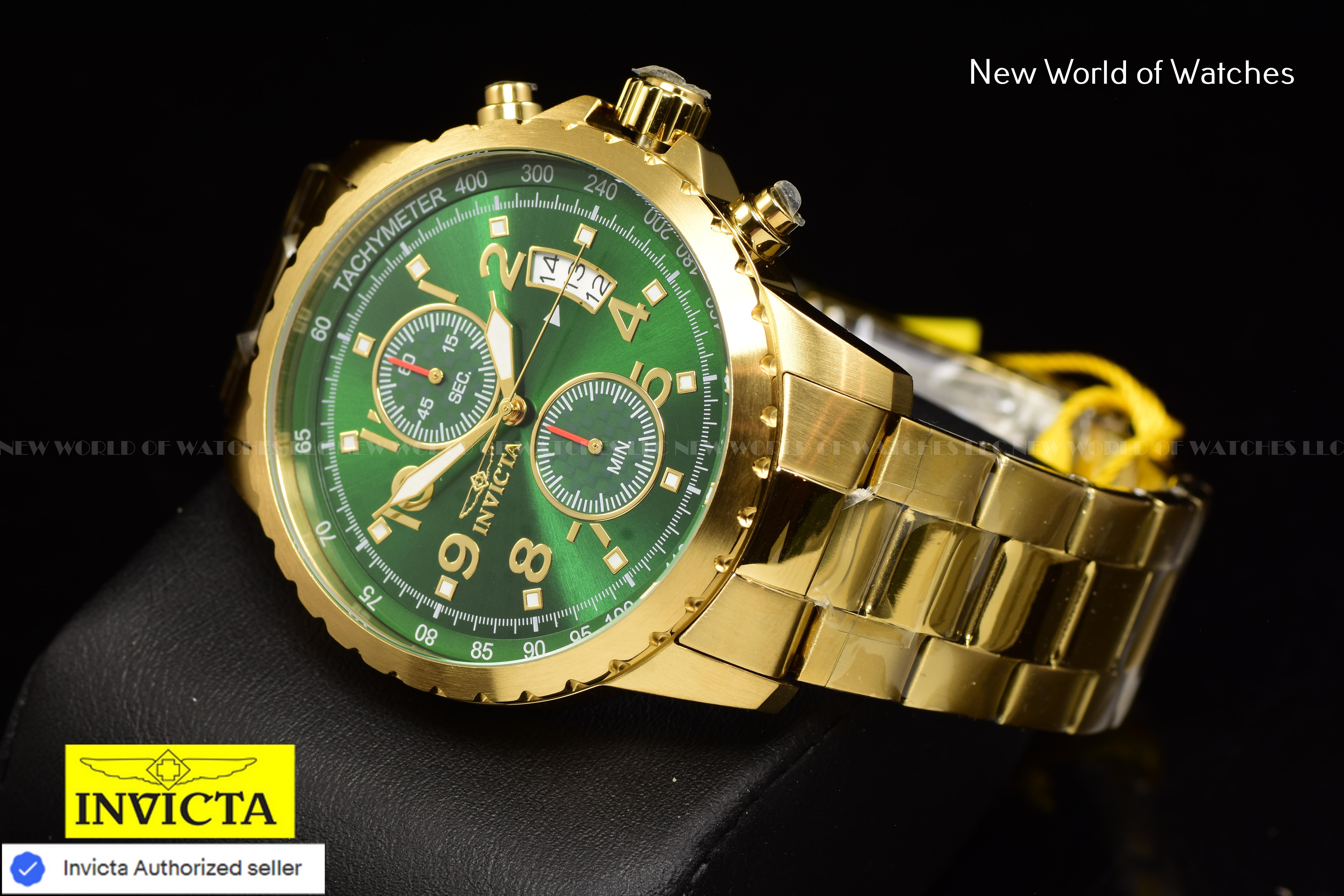 NEW Invicta Men's 45mm PILOT Specialty Chronograph GREEN DIAL Gold Tone SS Watch