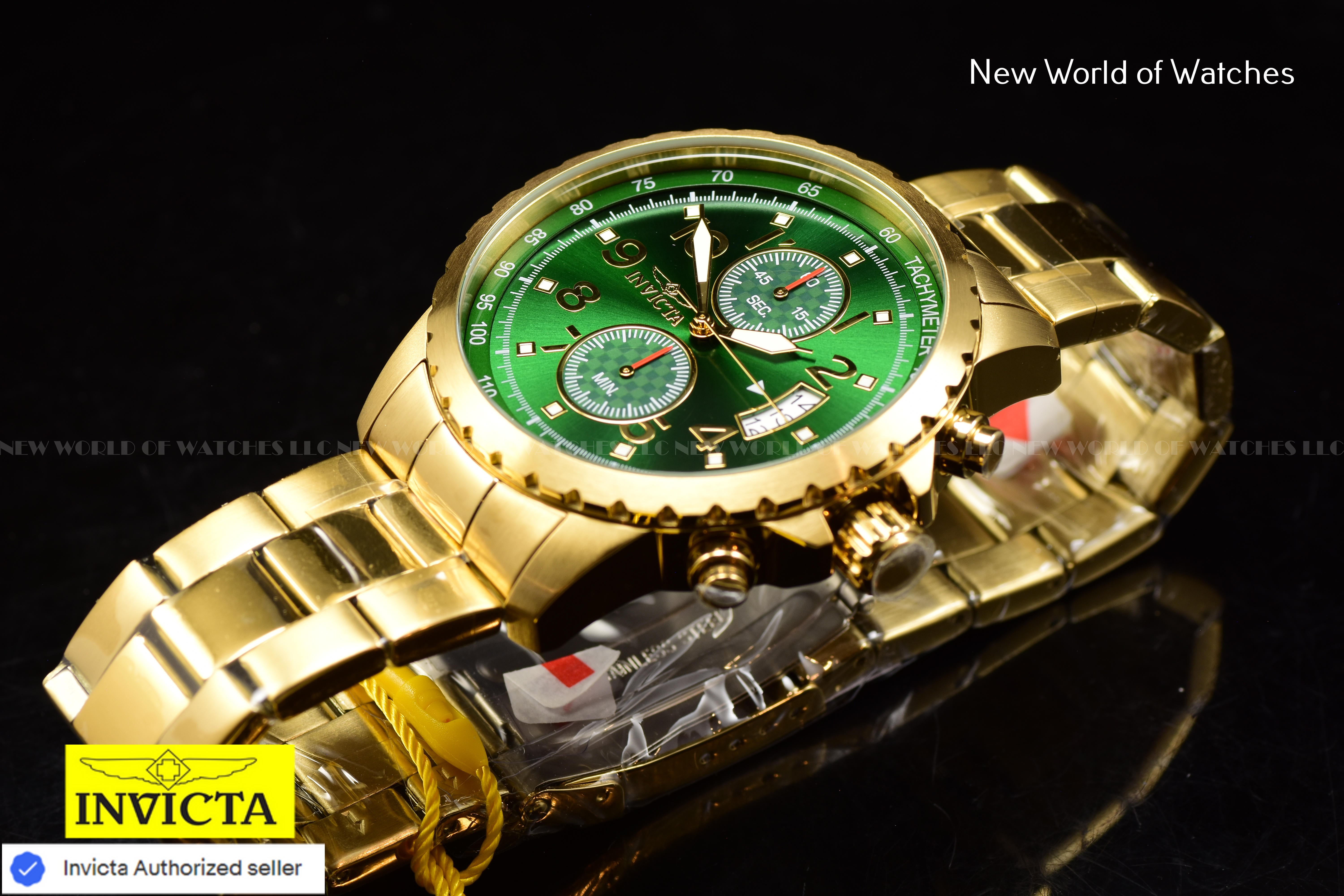 NEW Invicta Men's 45mm PILOT Specialty Chronograph GREEN DIAL Gold Tone SS Watch