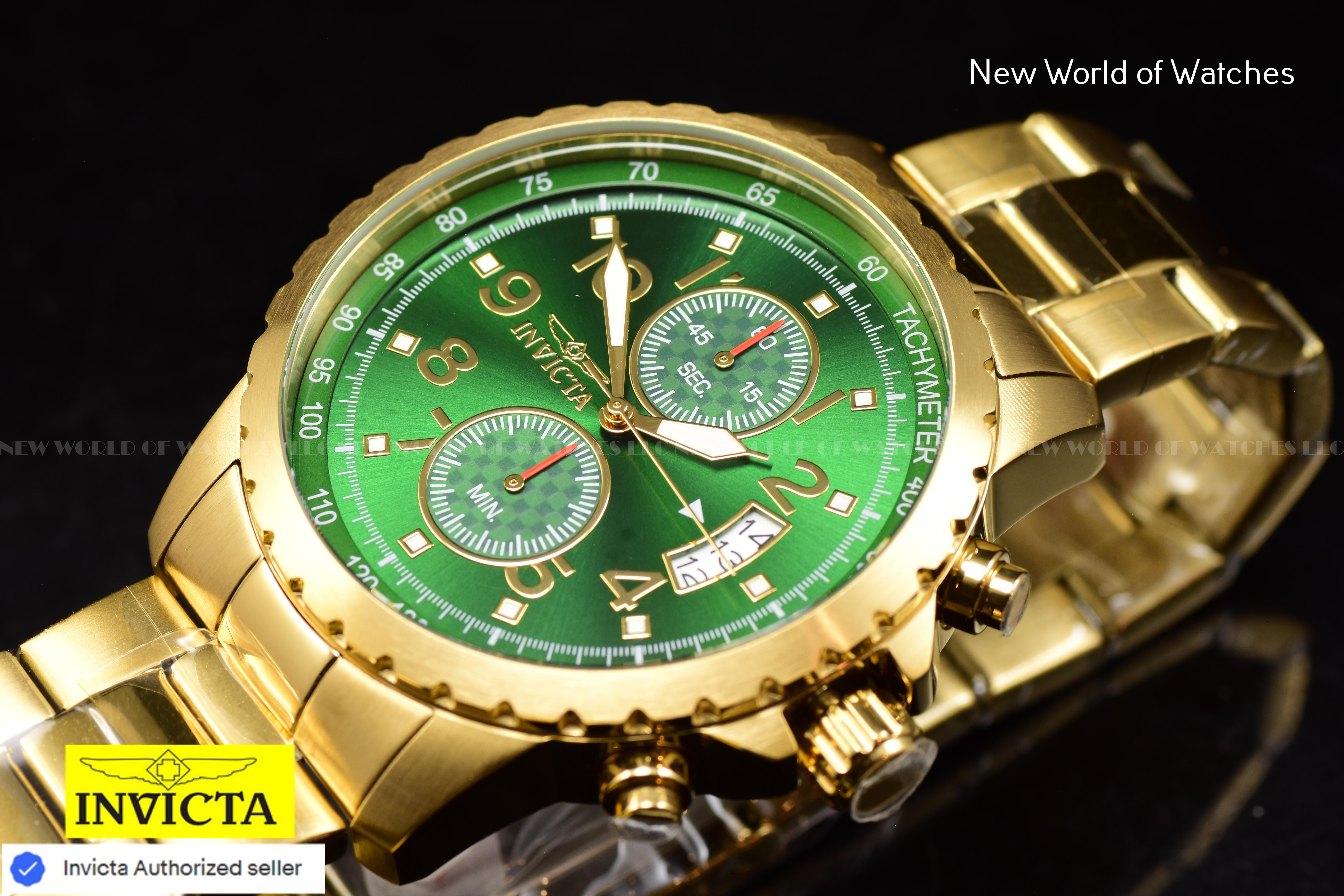 NEW Invicta Men's 45mm PILOT Specialty Chronograph GREEN DIAL Gold Tone SS Watch