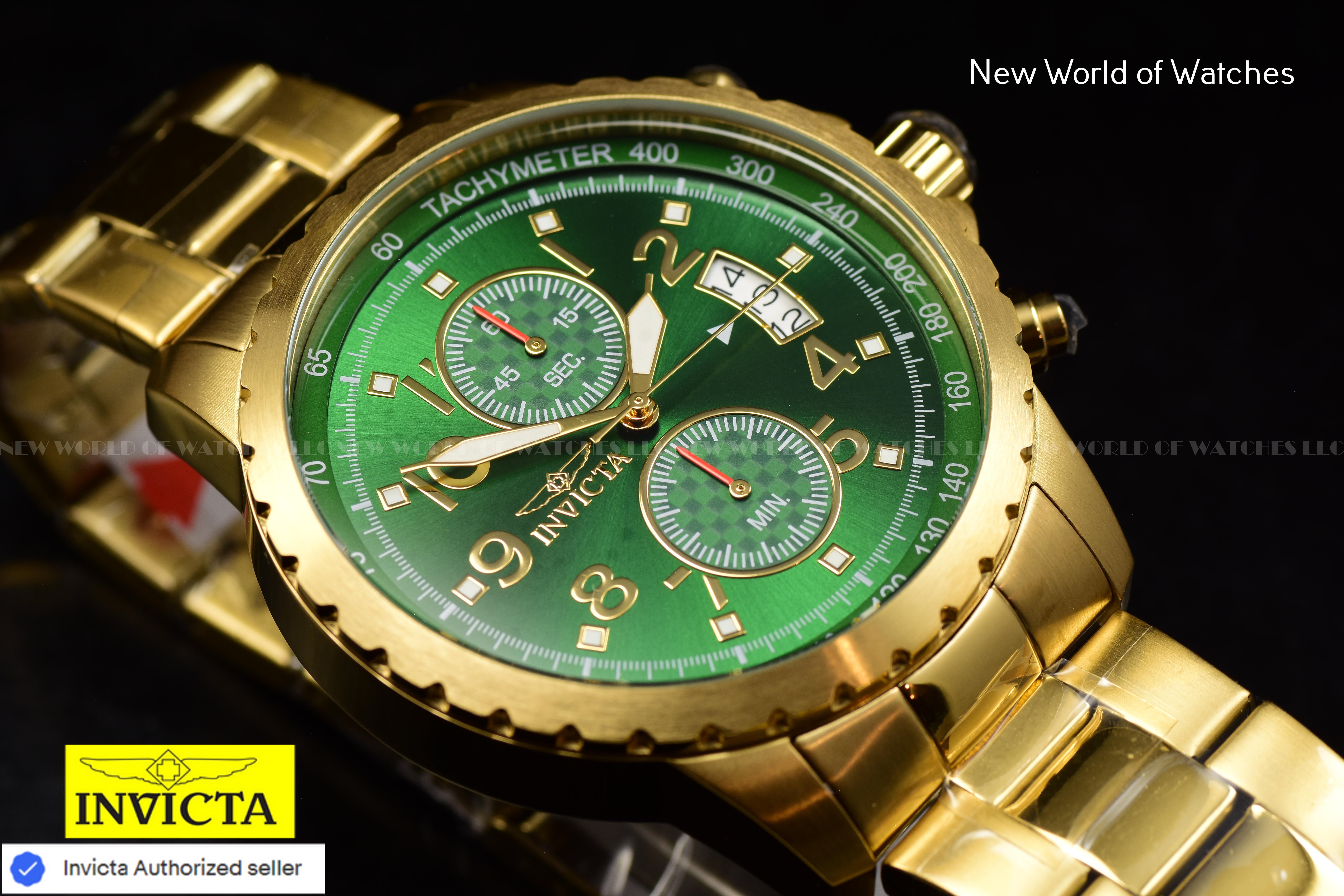 NEW Invicta Men's 45mm PILOT Specialty Chronograph GREEN DIAL Gold Tone SS Watch