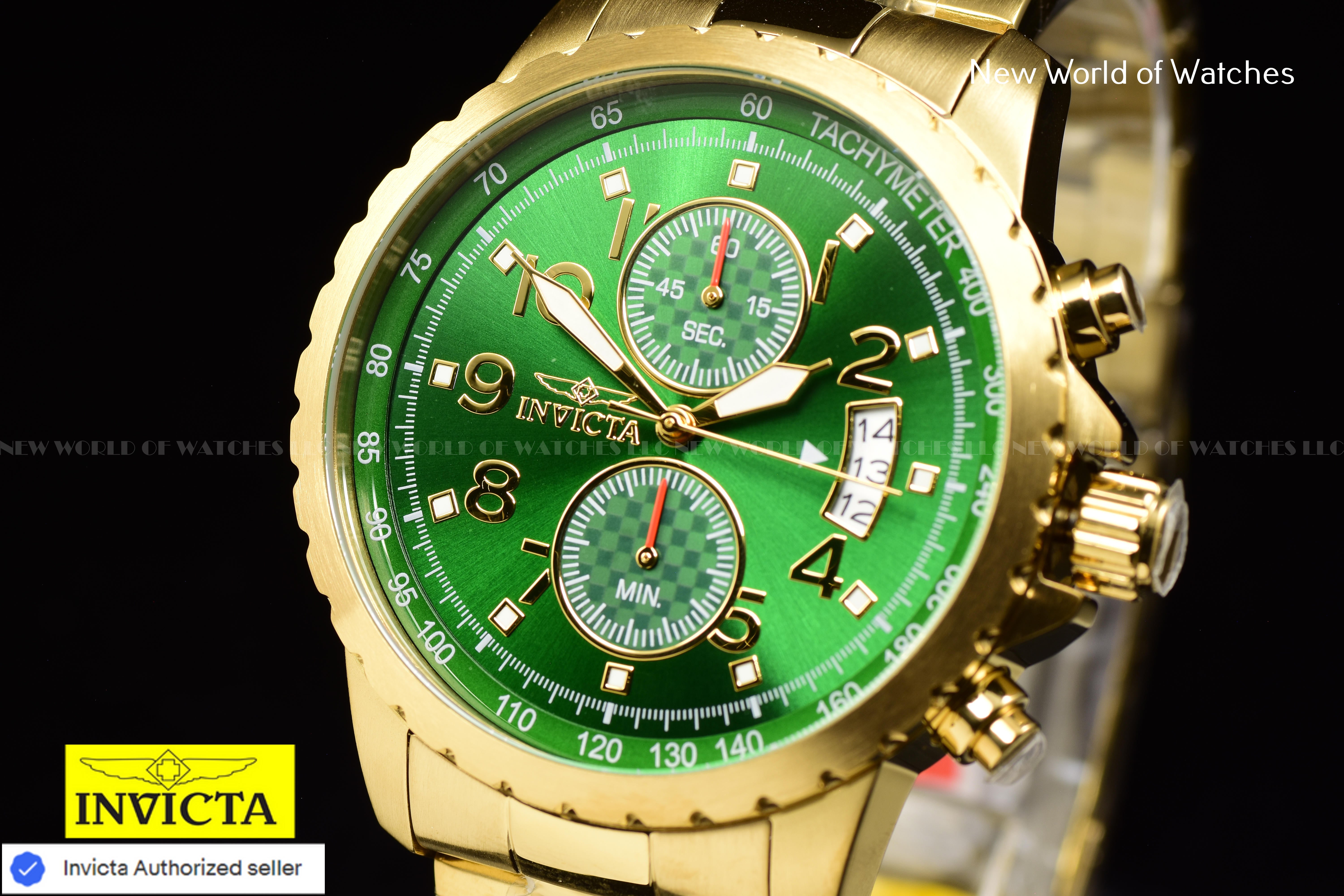 NEW Invicta Men's 45mm PILOT Specialty Chronograph GREEN DIAL Gold Tone SS Watch