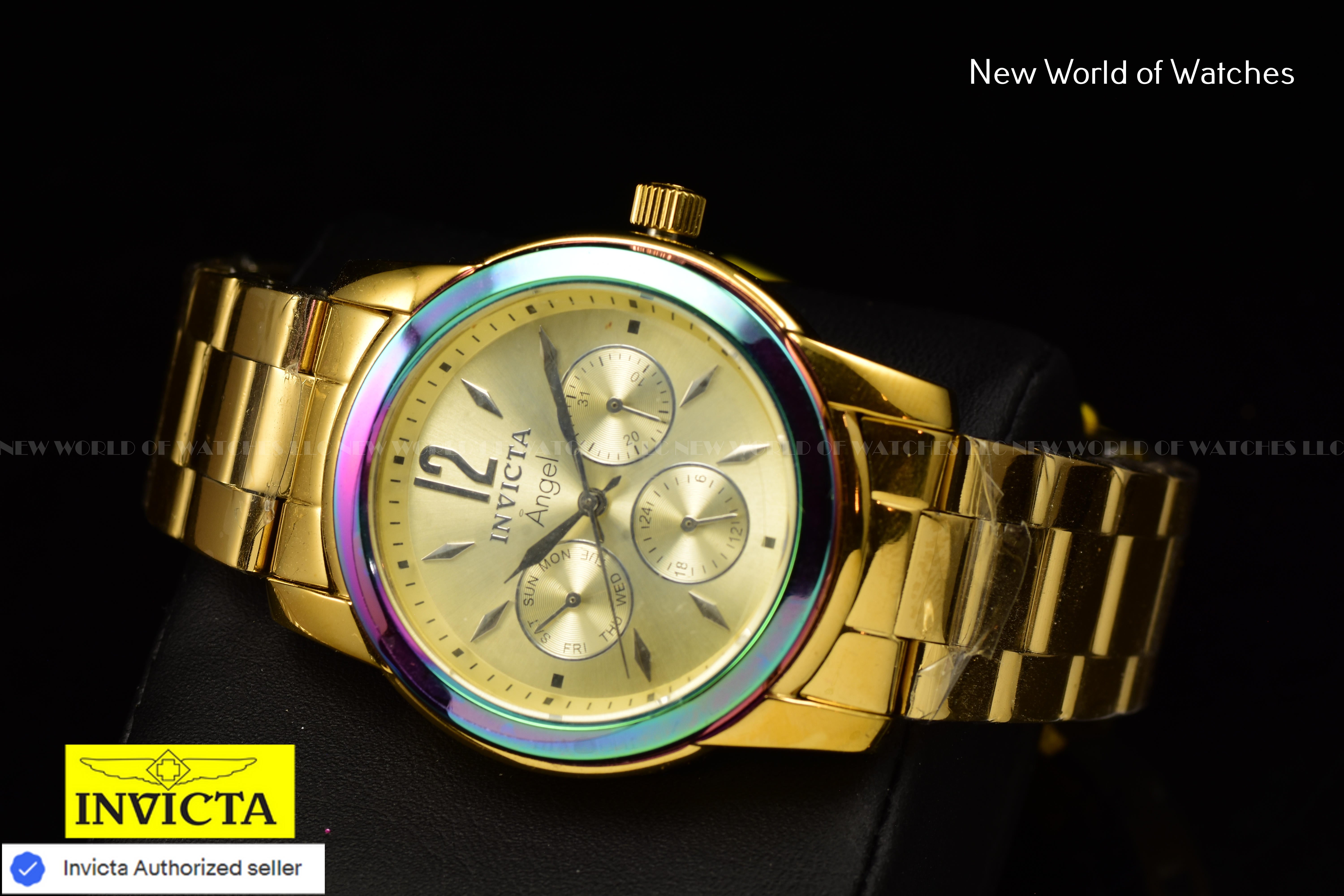 New Invicta Angel Zager Exclusive Iridescent Case Steel 38mm Gold Ladies Watch