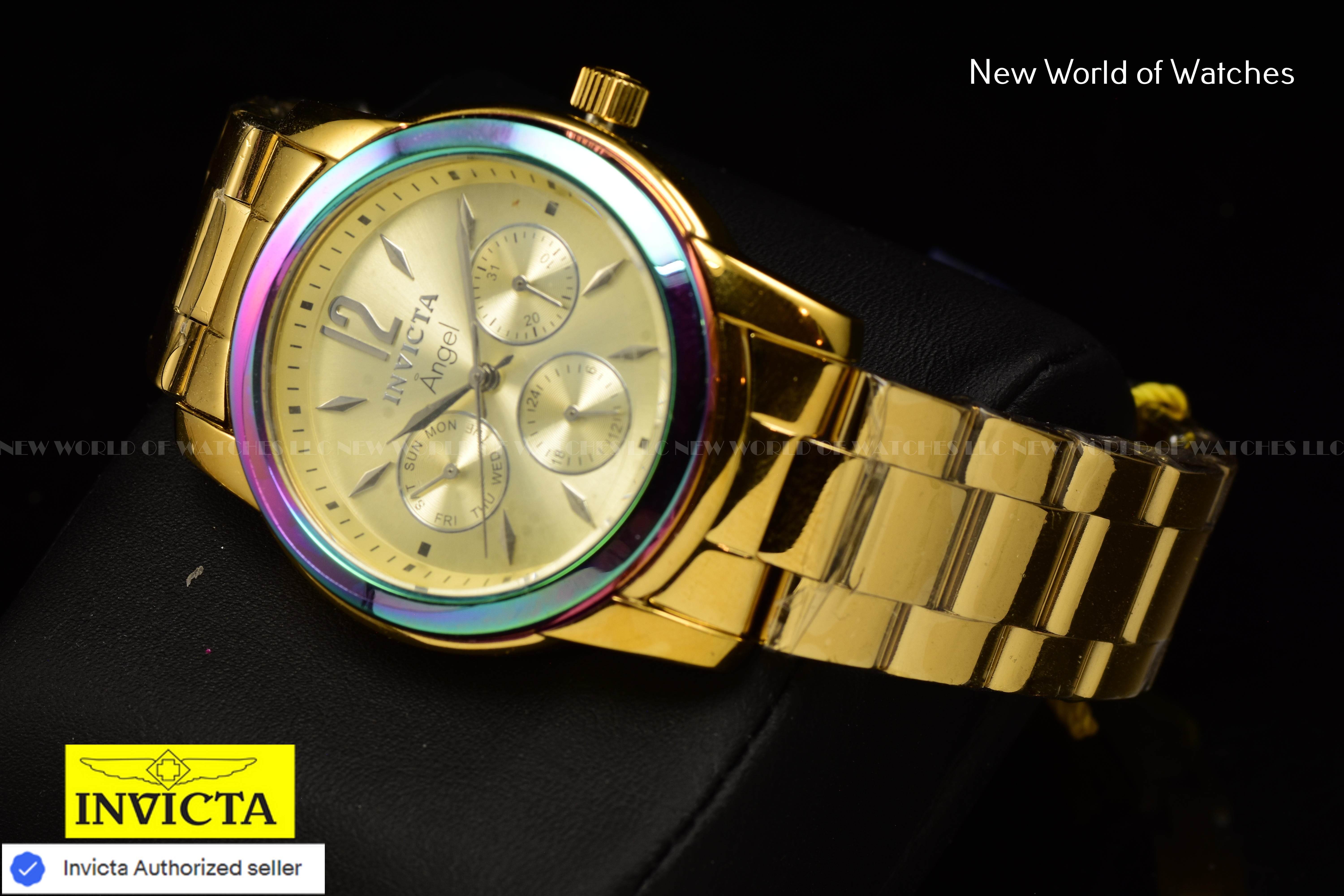New Invicta Angel Zager Exclusive Iridescent Case Steel 38mm Gold Ladies Watch