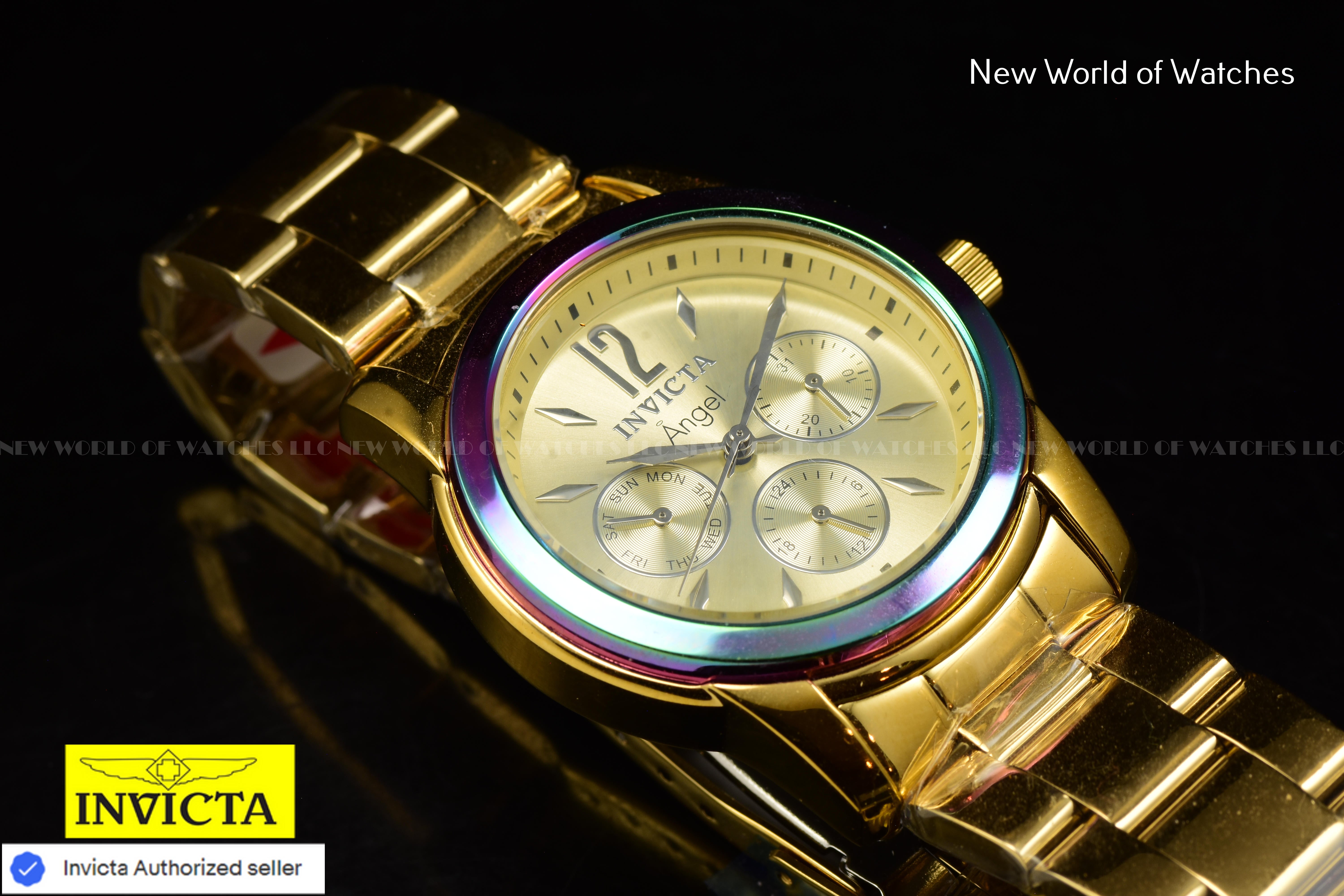 New Invicta Angel Zager Exclusive Iridescent Case Steel 38mm Gold Ladies Watch