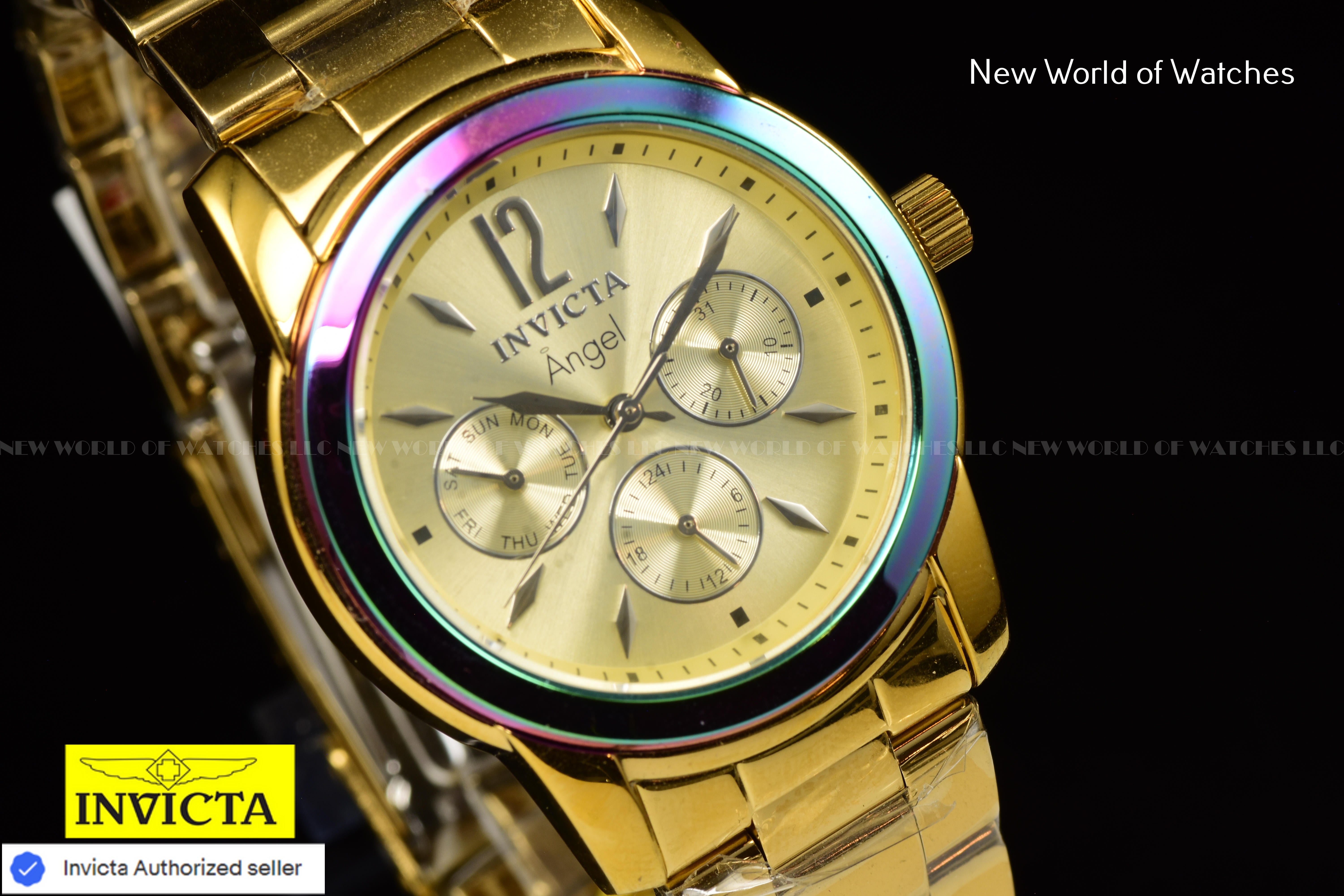 New Invicta Angel Zager Exclusive Iridescent Case Steel 38mm Gold Ladies Watch