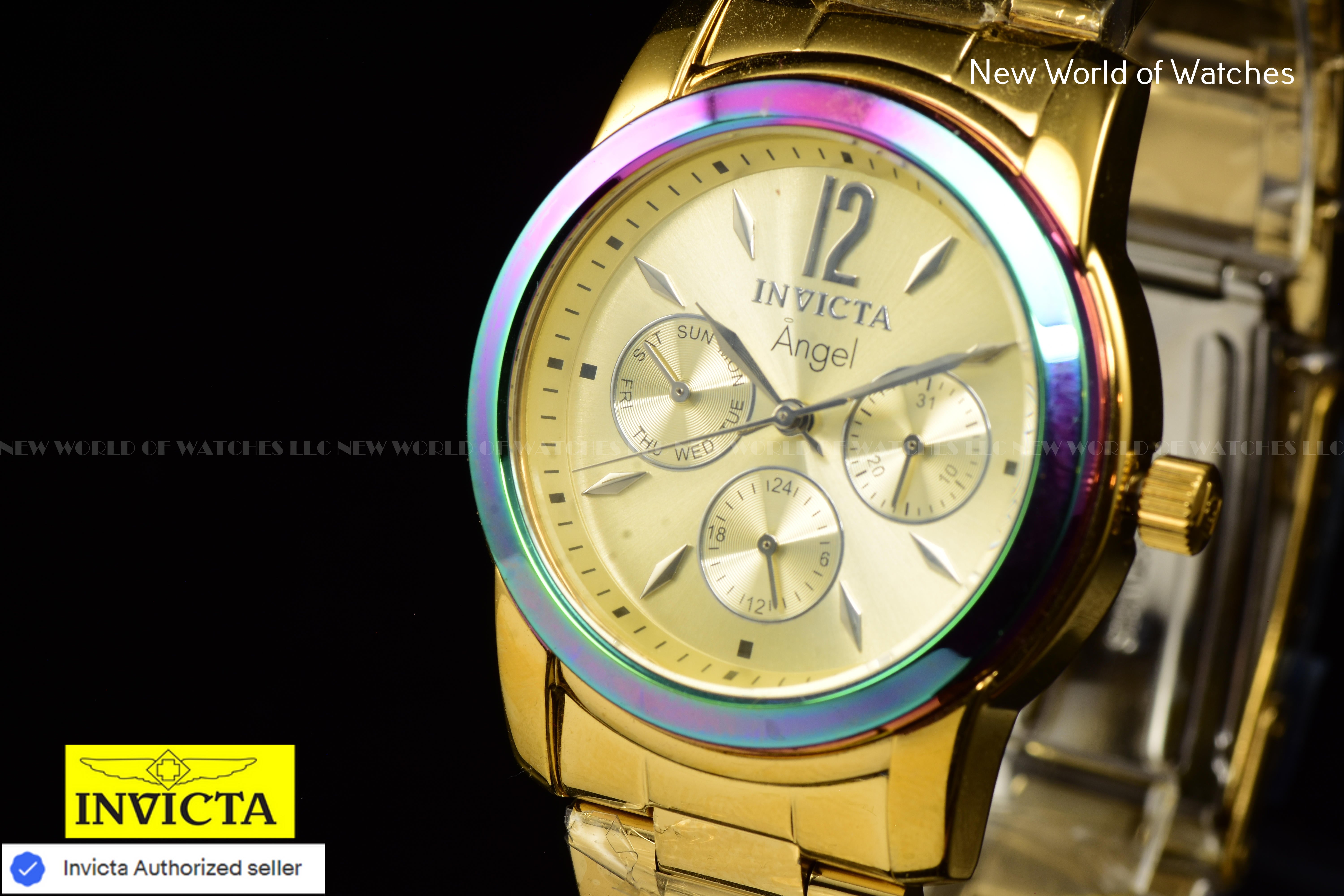 New Invicta Angel Zager Exclusive Iridescent Case Steel 38mm Gold Ladies Watch