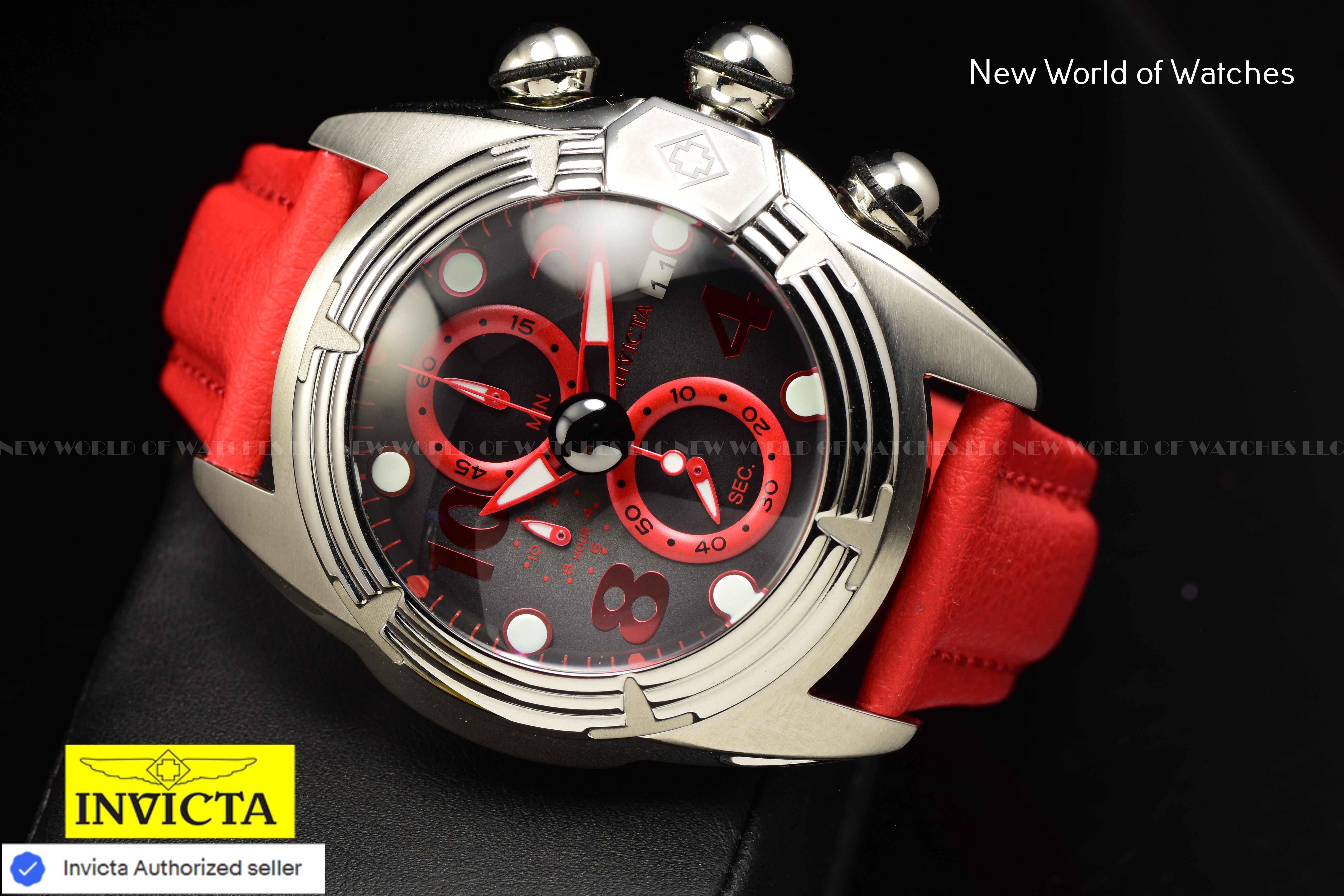 Invicta LUPAH Chronograph JET BLACK 52mm Dial RED Polyurethane Band Men's Watch