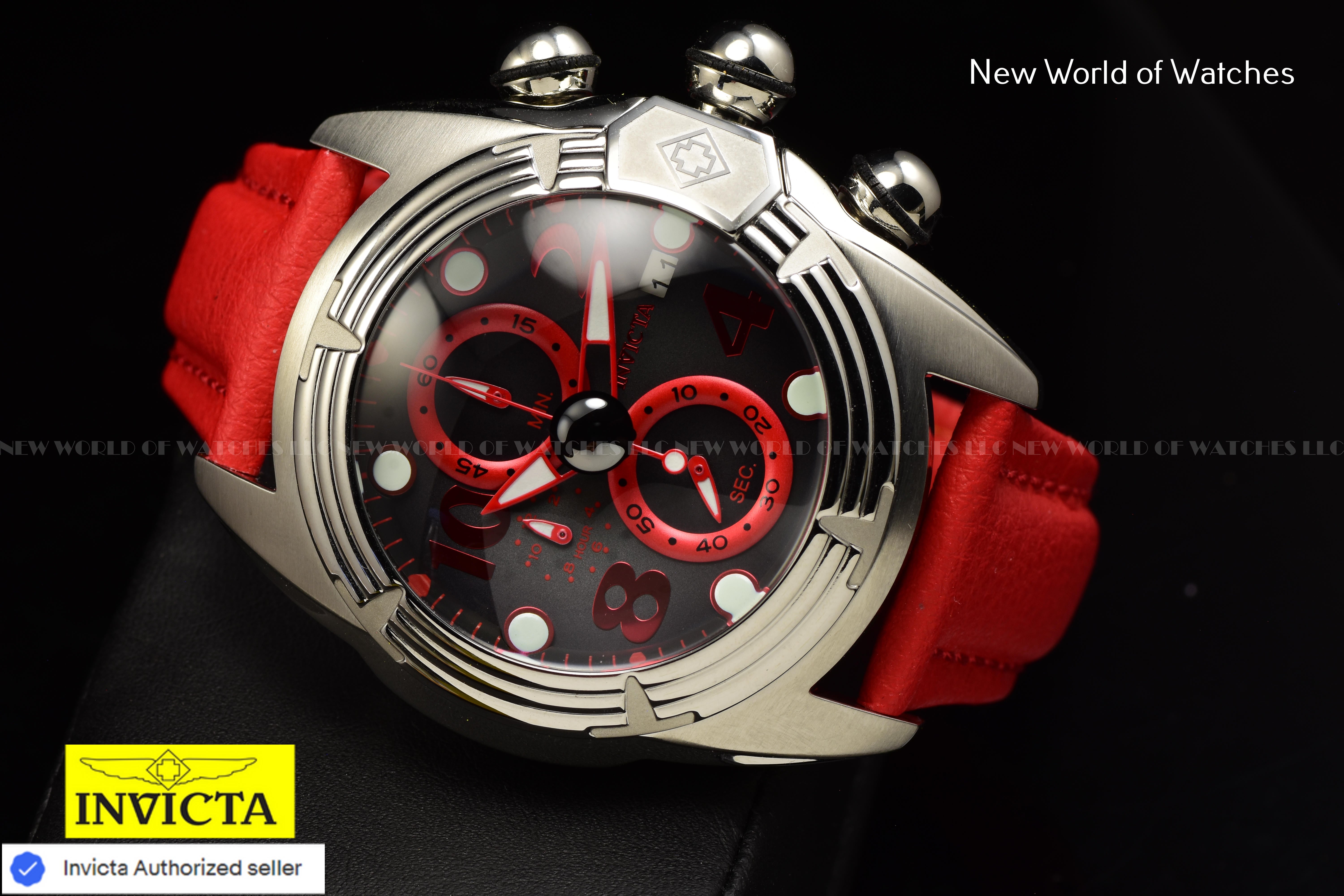 Invicta LUPAH Chronograph JET BLACK 52mm Dial RED Polyurethane Band Men's Watch