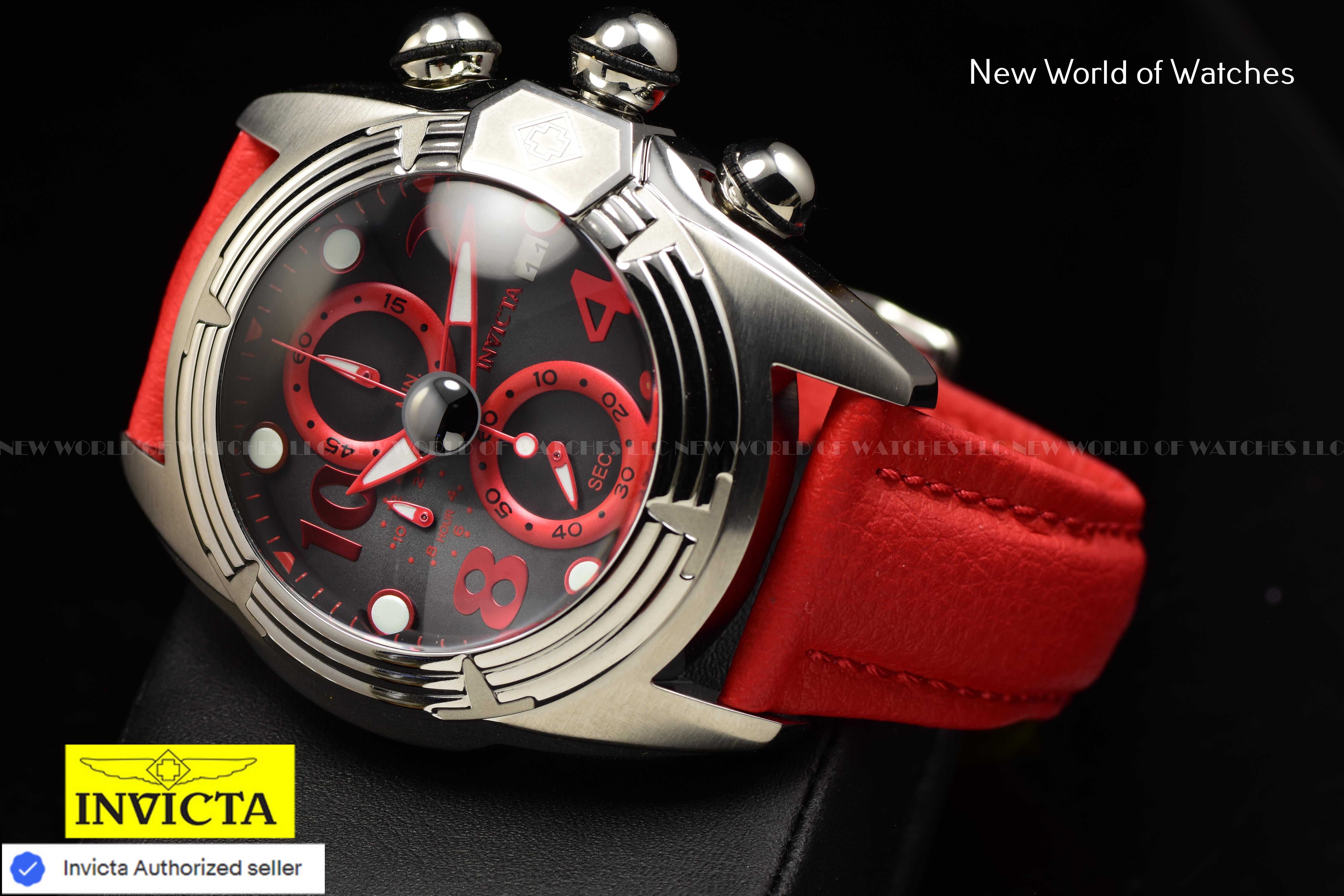 Invicta LUPAH Chronograph JET BLACK 52mm Dial RED Polyurethane Band Men's Watch