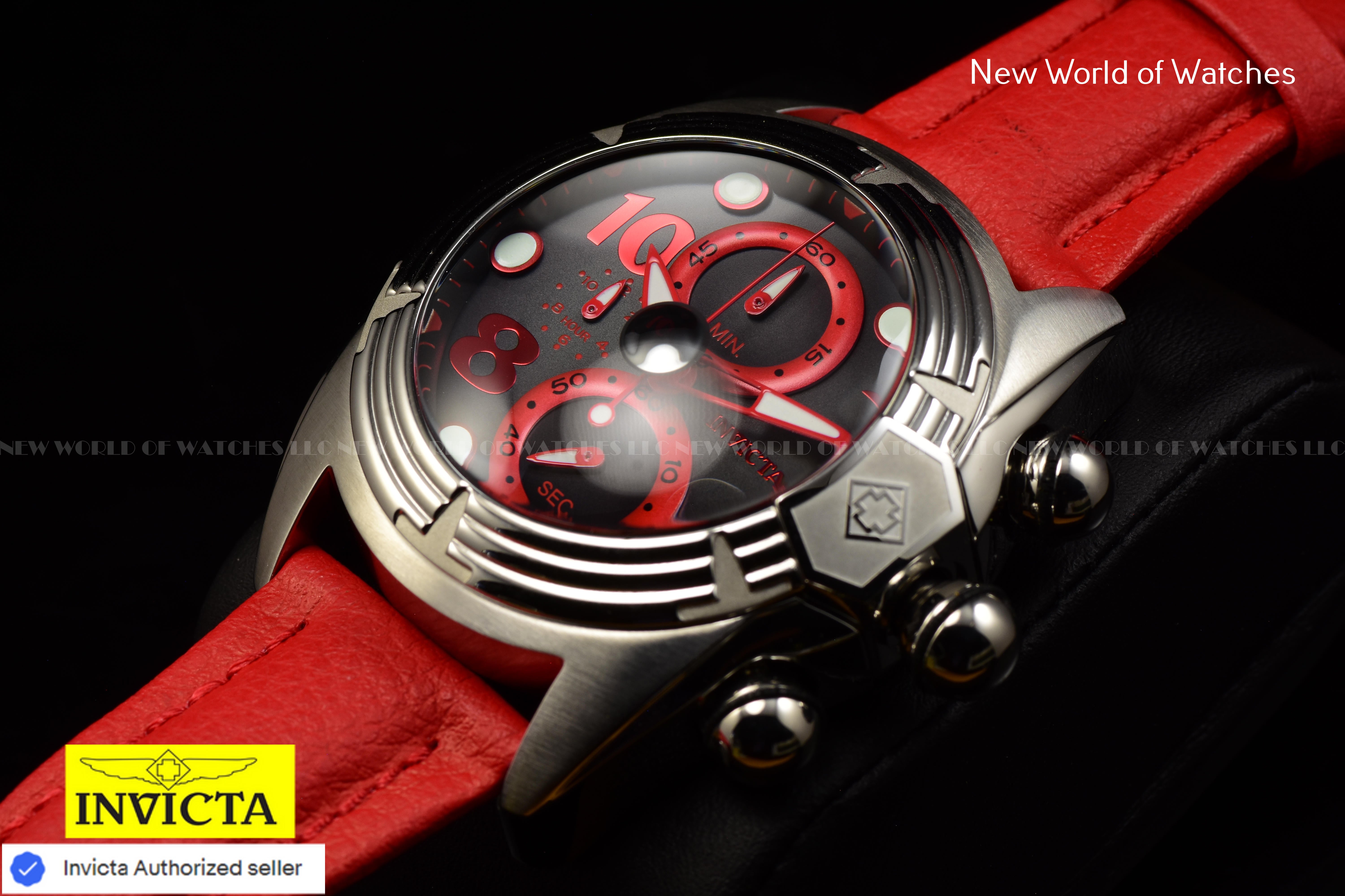 Invicta LUPAH Chronograph JET BLACK 52mm Dial RED Polyurethane Band Men's Watch