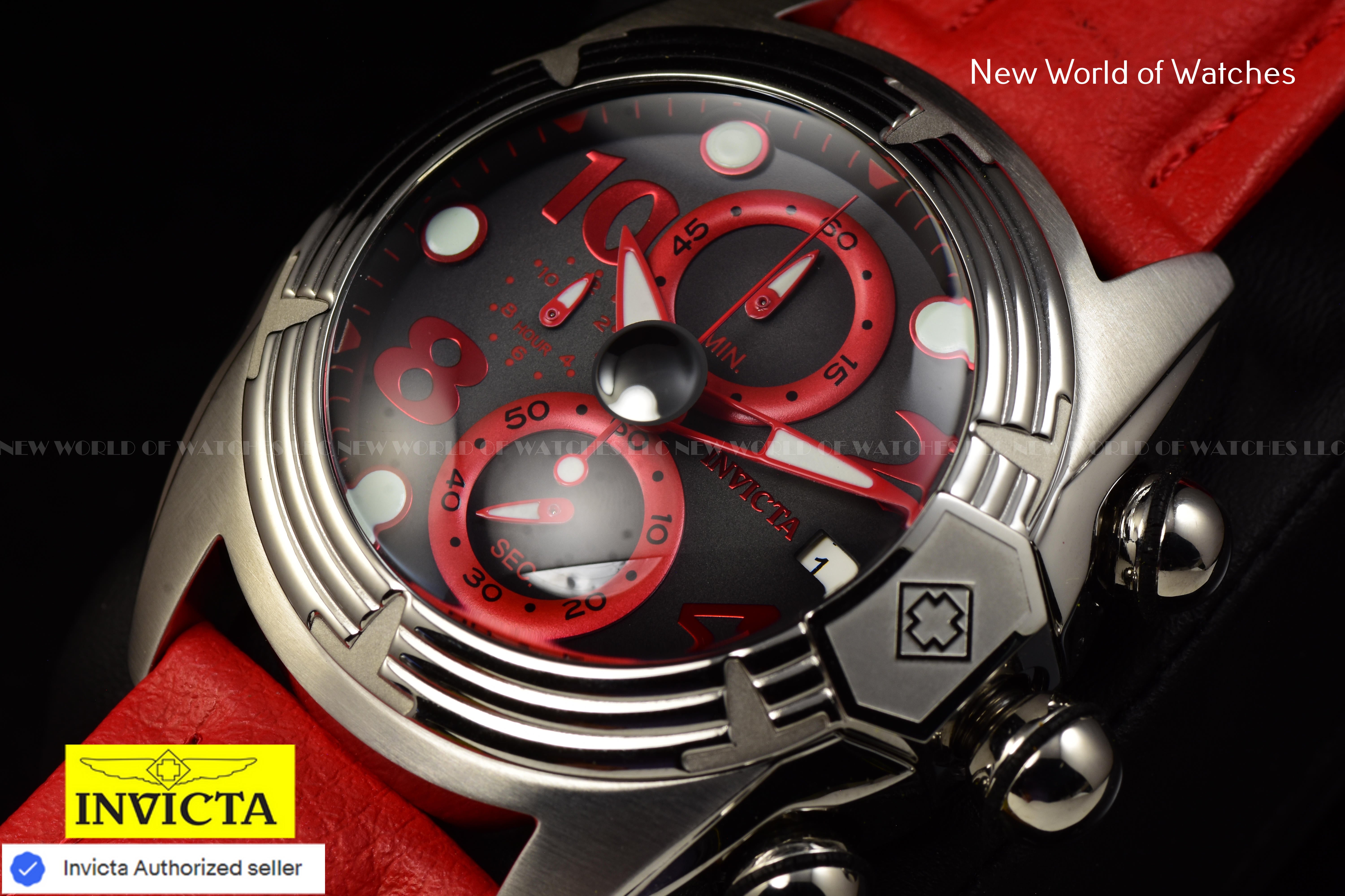 Invicta LUPAH Chronograph JET BLACK 52mm Dial RED Polyurethane Band Men's Watch