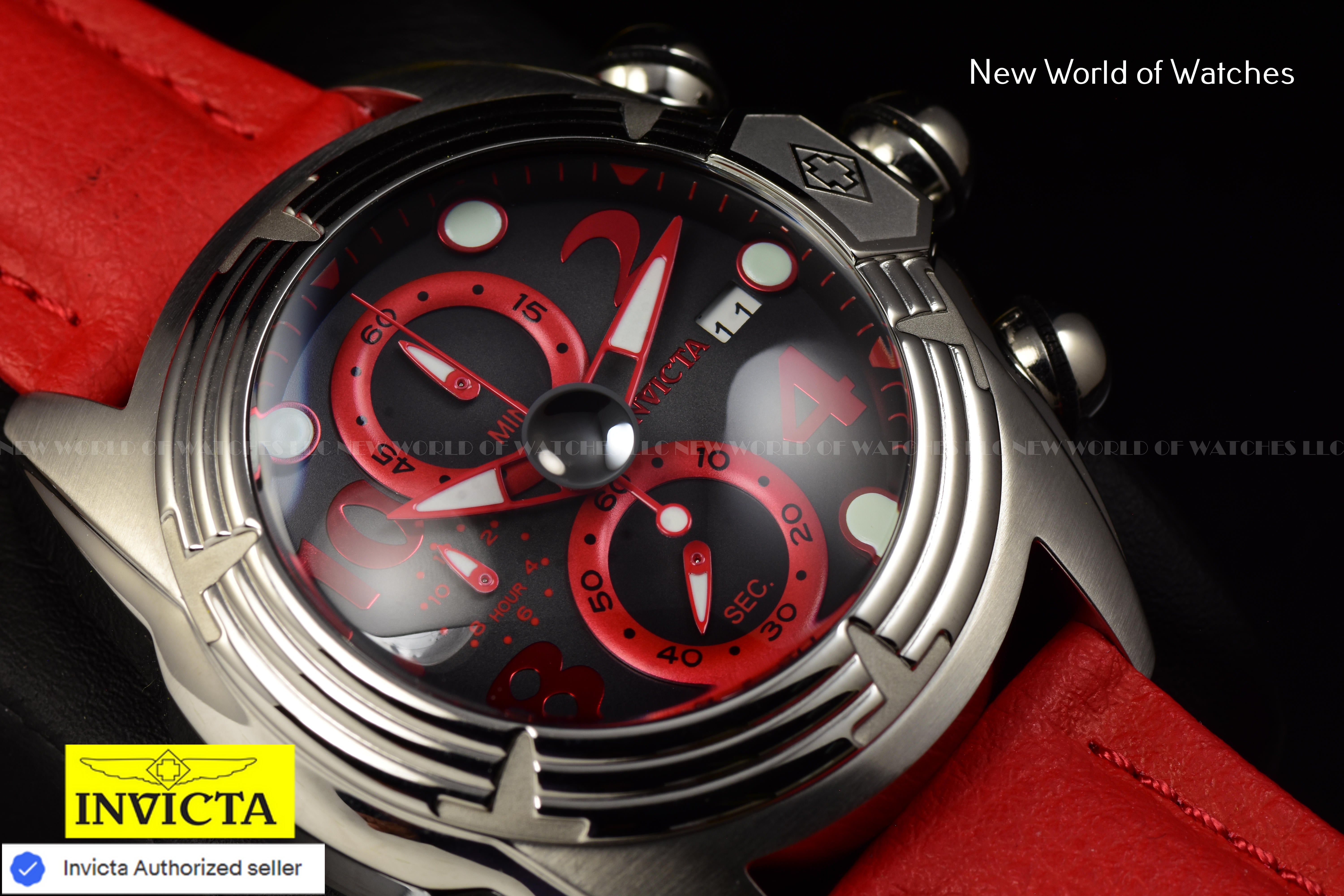 Invicta LUPAH Chronograph JET BLACK 52mm Dial RED Polyurethane Band Men's Watch