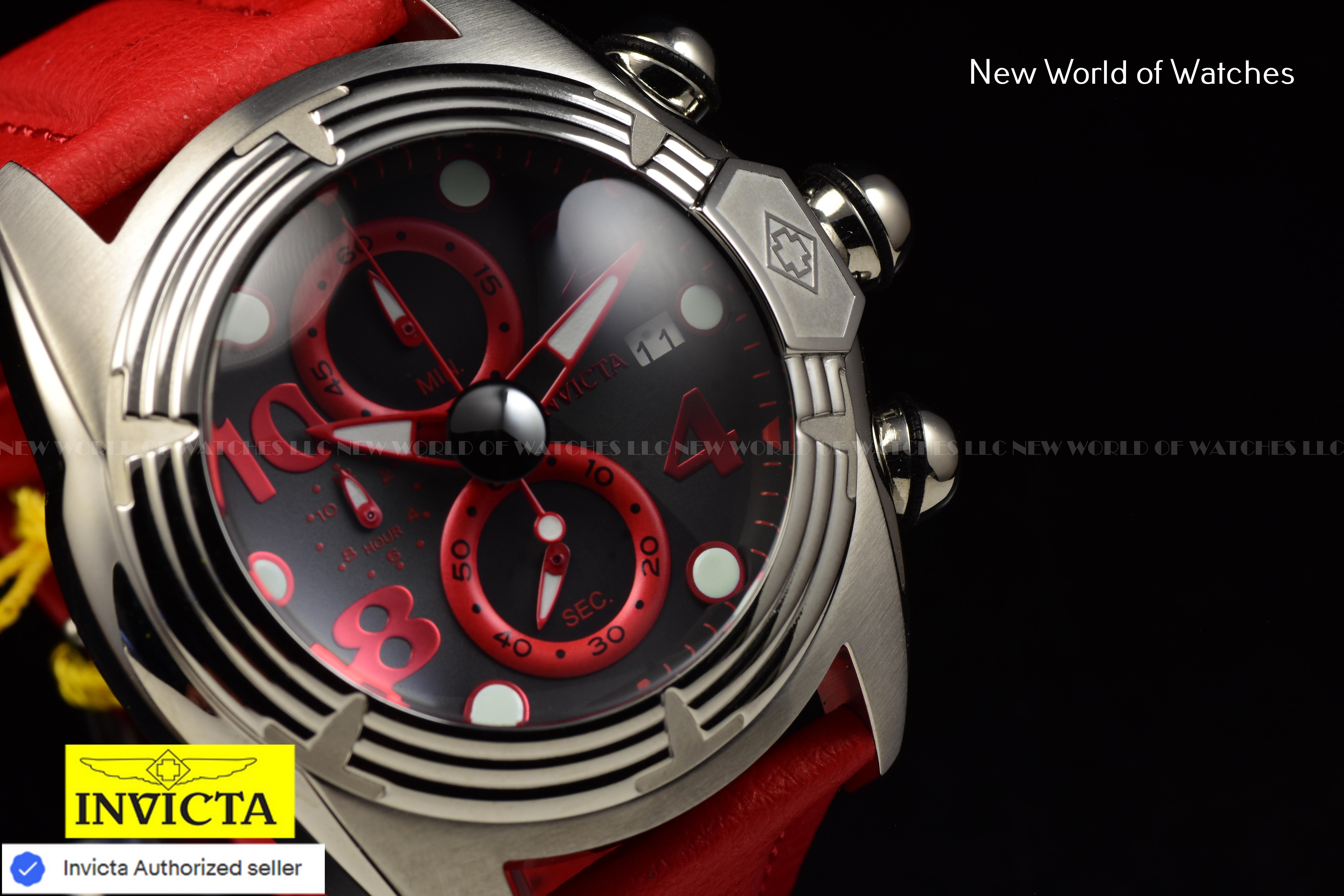 Invicta LUPAH Chronograph JET BLACK 52mm Dial RED Polyurethane Band Men's Watch