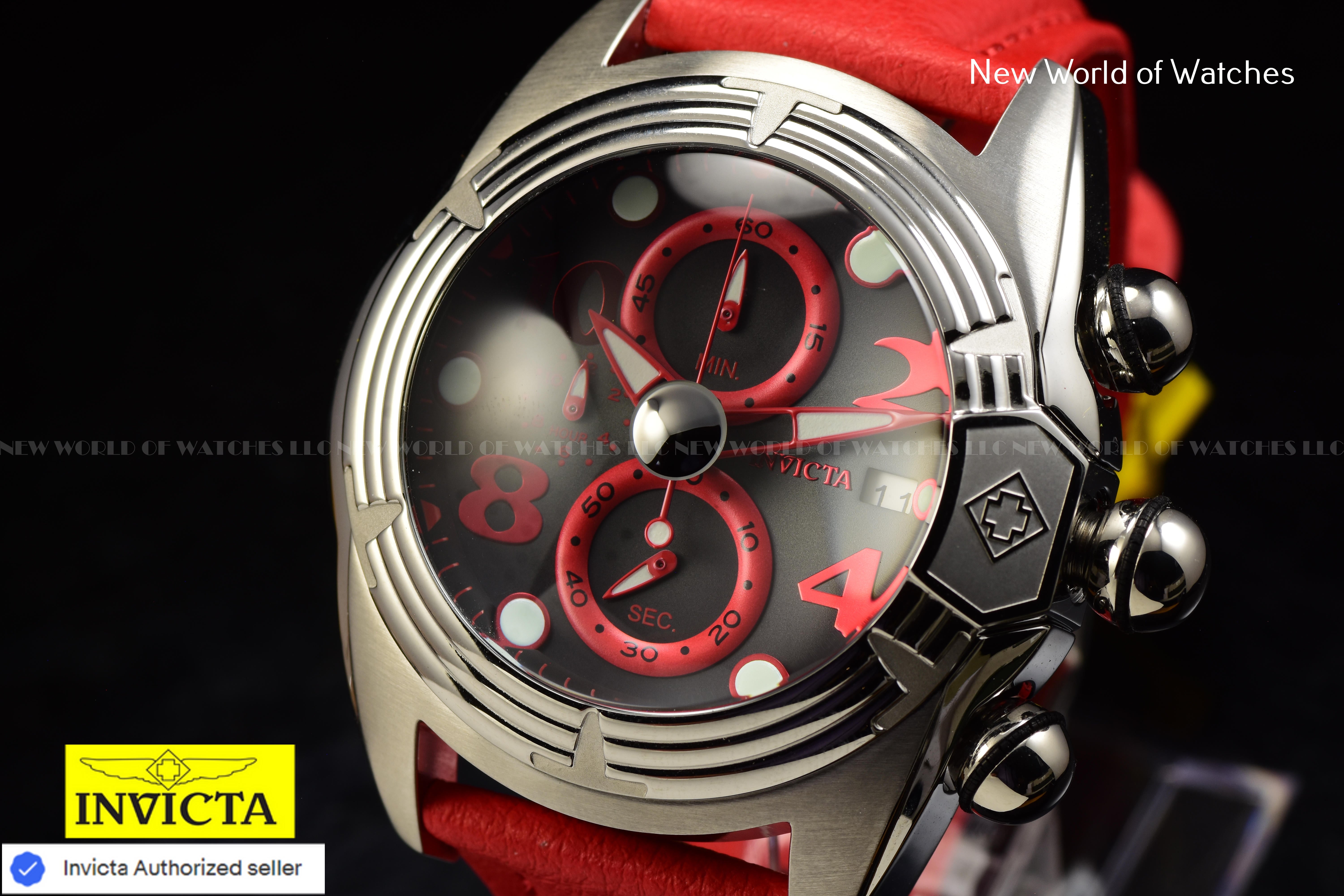 Invicta LUPAH Chronograph JET BLACK 52mm Dial RED Polyurethane Band Men's Watch