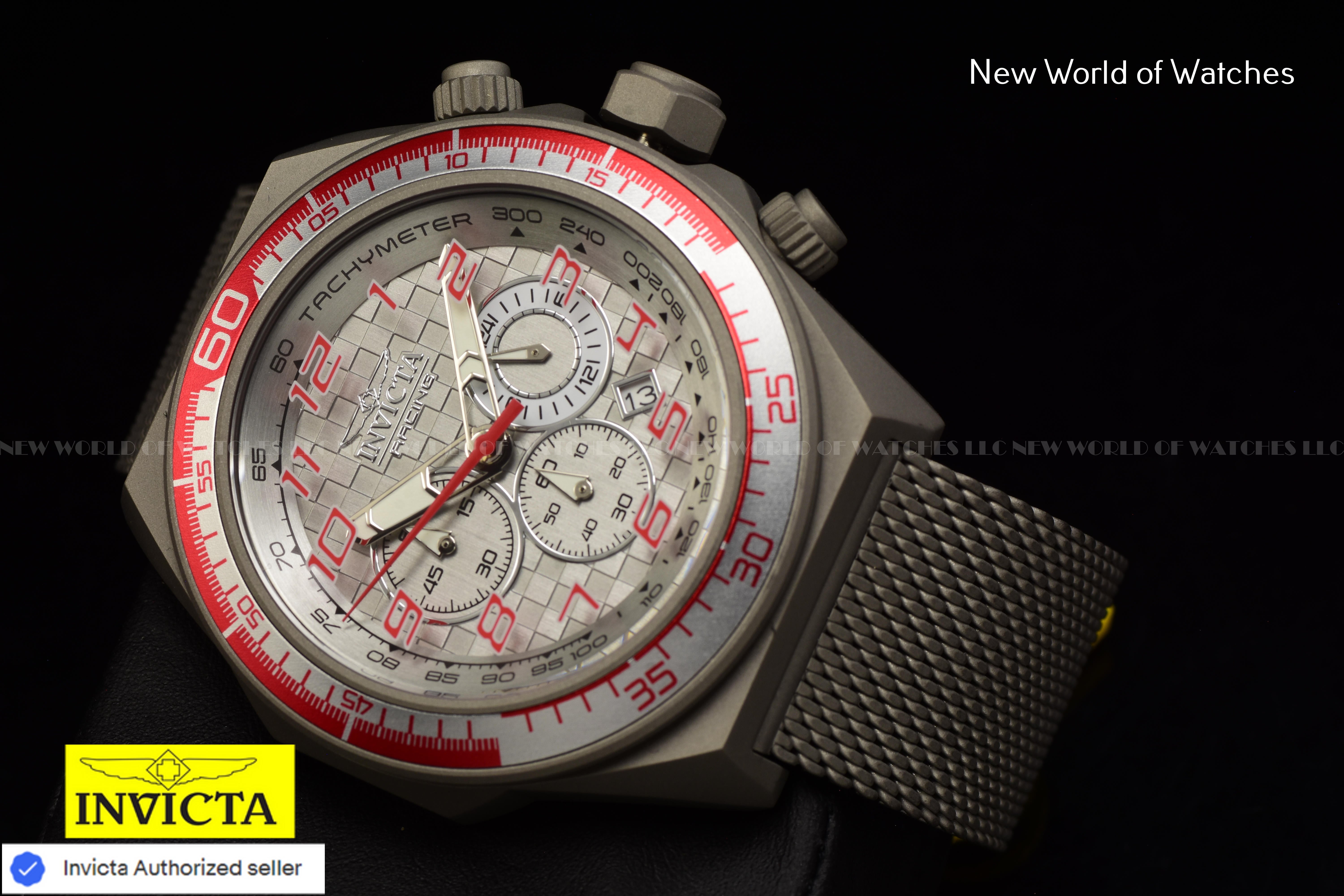 Invicta Men's RACING Chronograph Gery Dial 50mm TITANIUM Mesh Band Watch