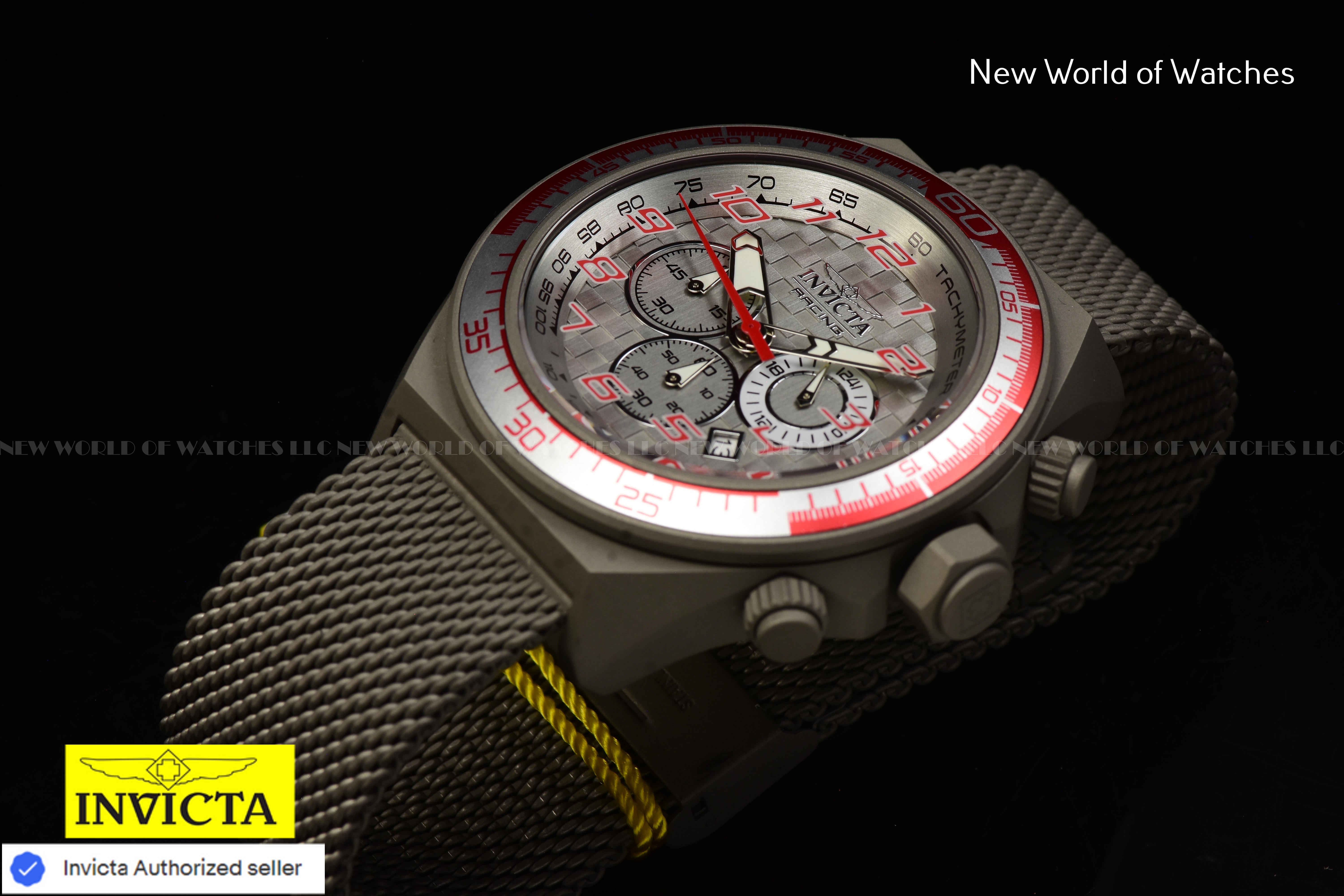 Invicta Men's RACING Chronograph Gery Dial 50mm TITANIUM Mesh Band Watch