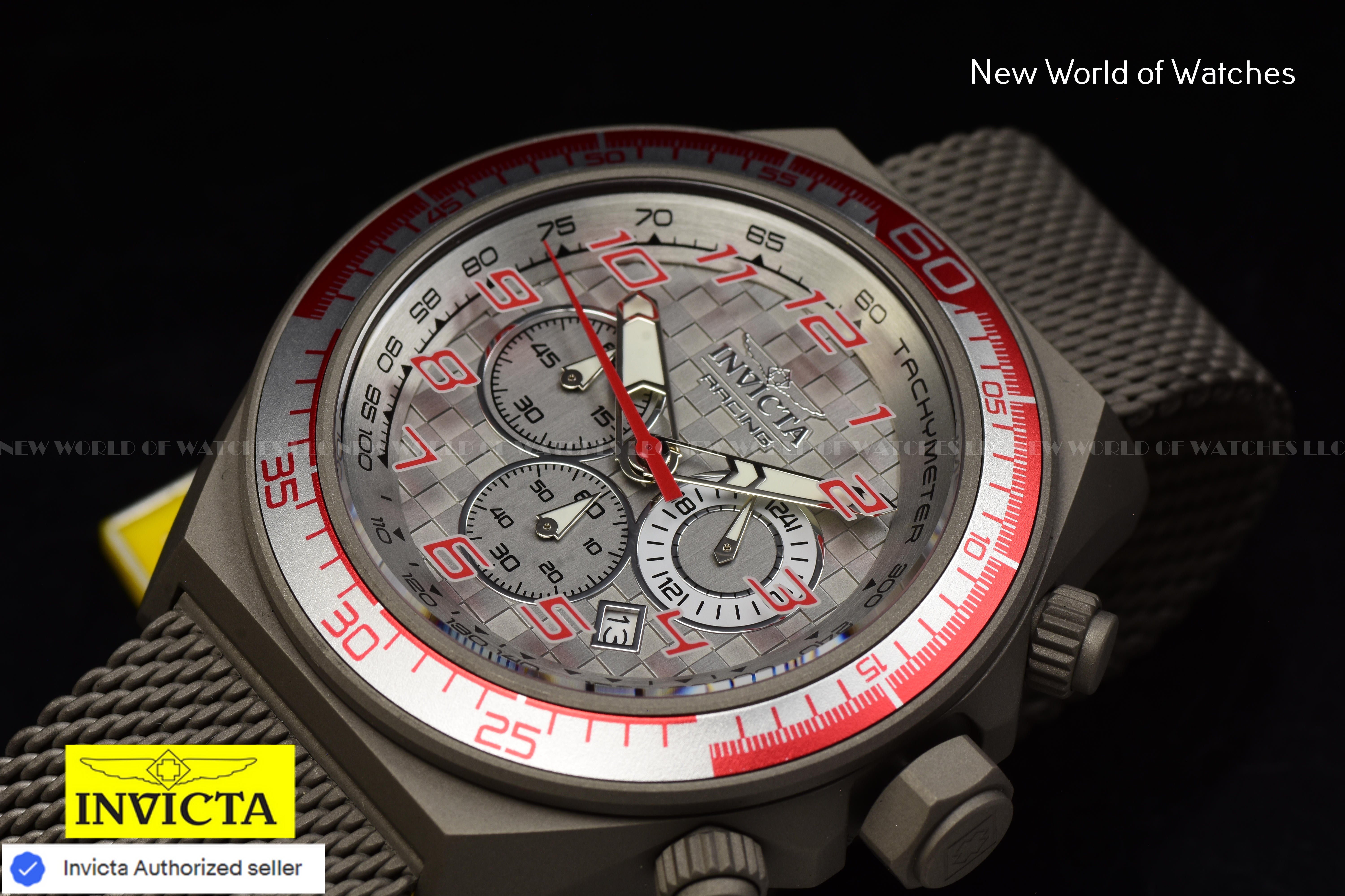 Invicta Men's RACING Chronograph Gery Dial 50mm TITANIUM Mesh Band Watch