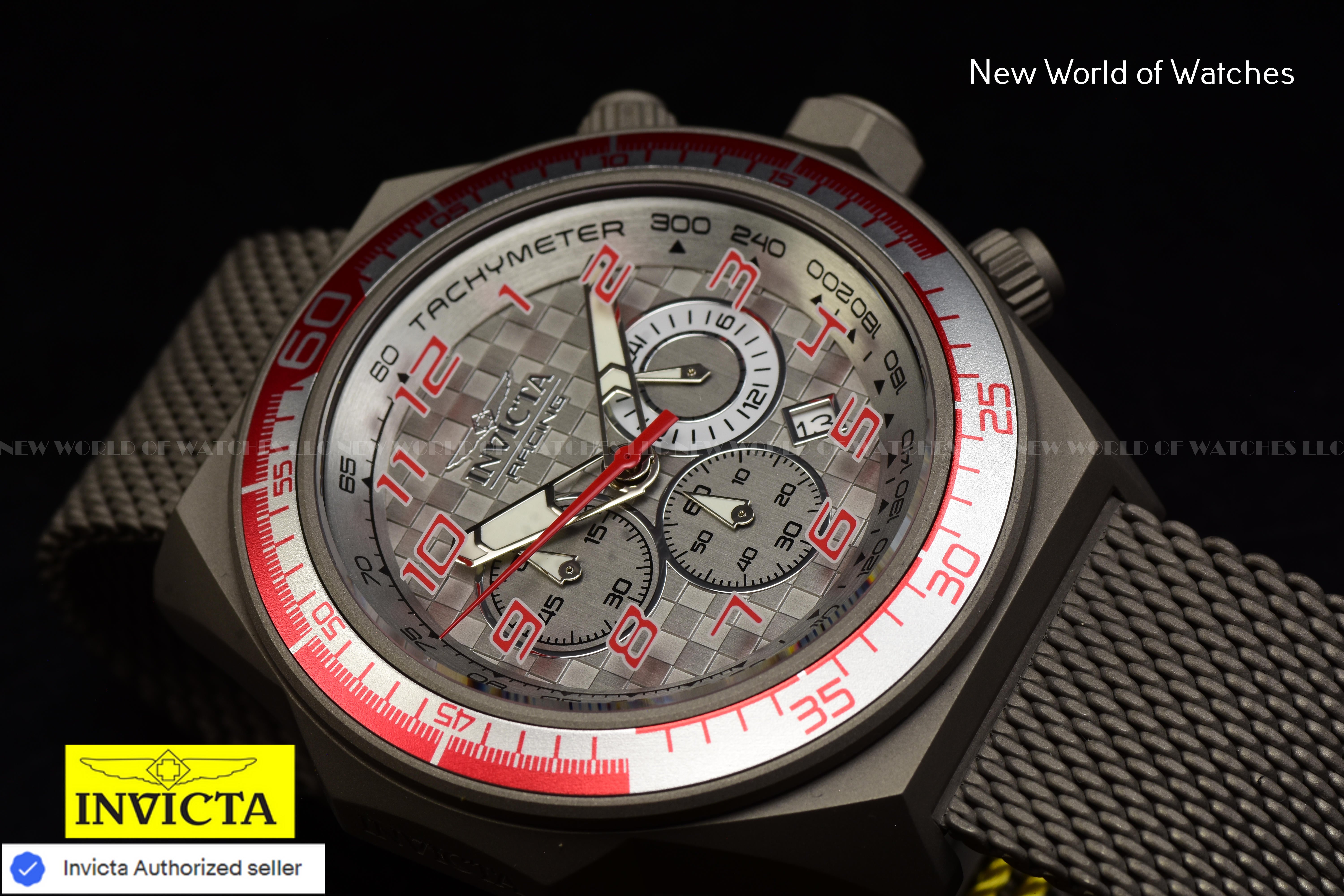 Invicta Men's RACING Chronograph Gery Dial 50mm TITANIUM Mesh Band Watch