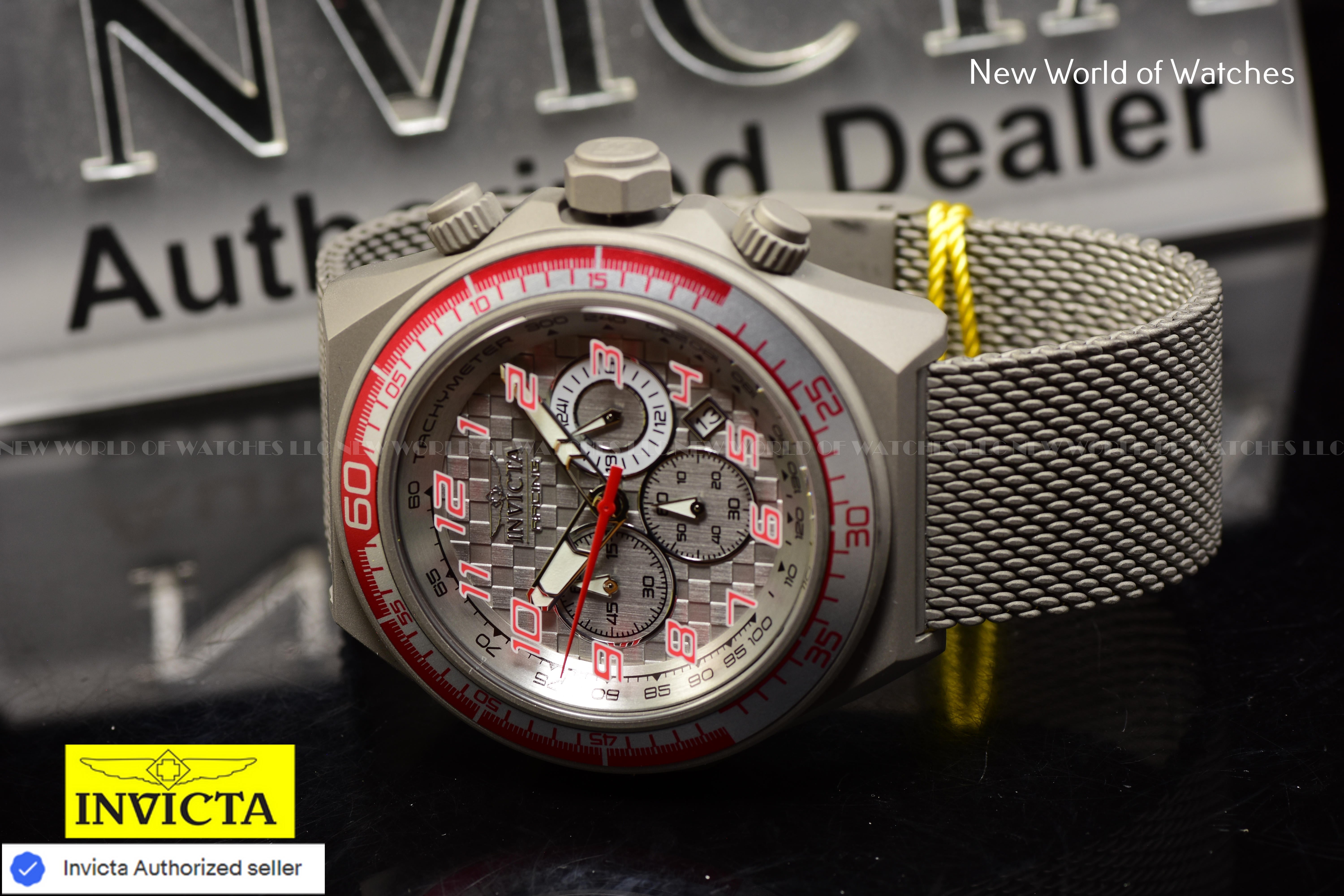 Invicta Men's RACING Chronograph Gery Dial 50mm TITANIUM Mesh Band Watch