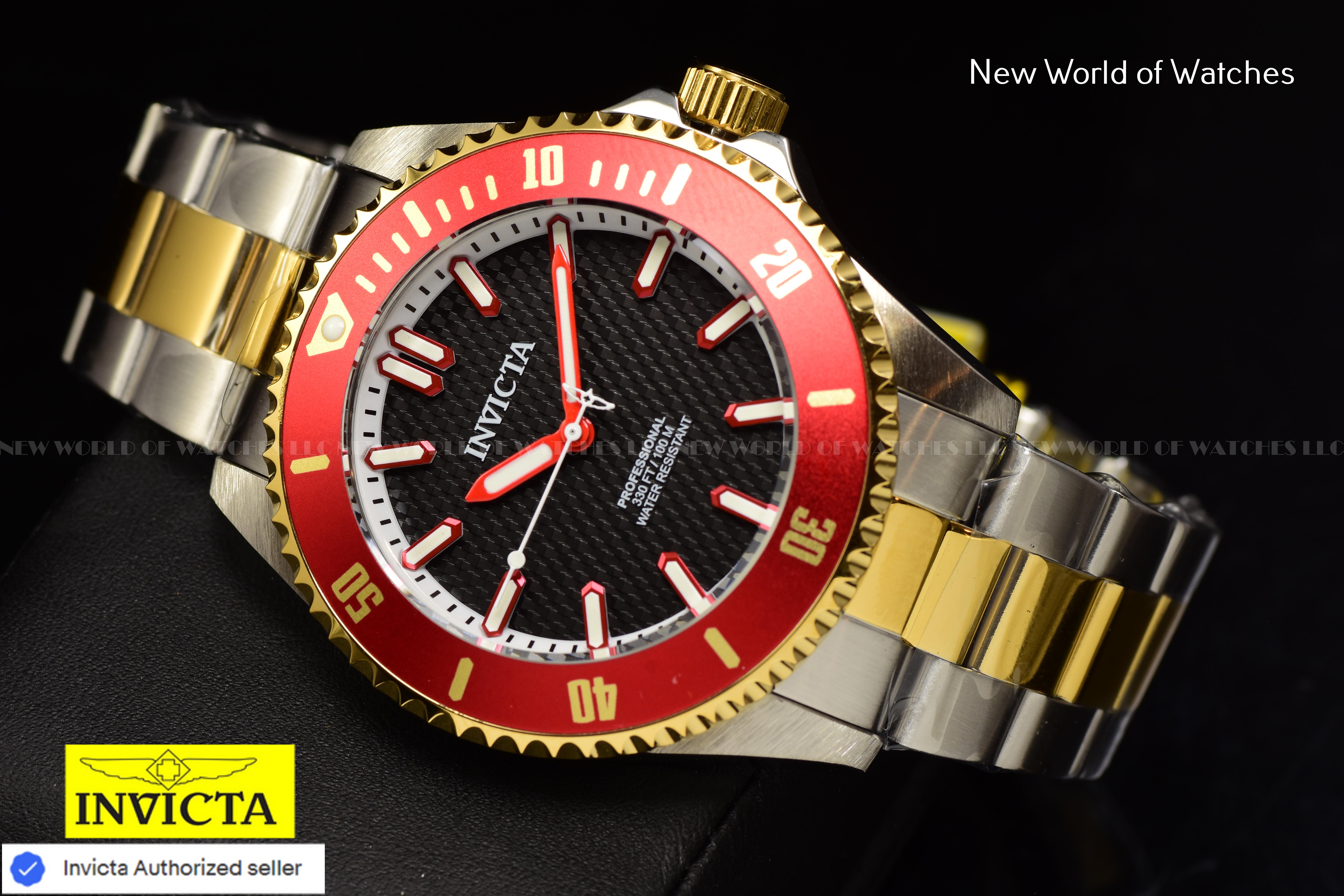 Invicta Men's Pro Diver Black Dial Red Bezel Two Tone Band 44mm Watch