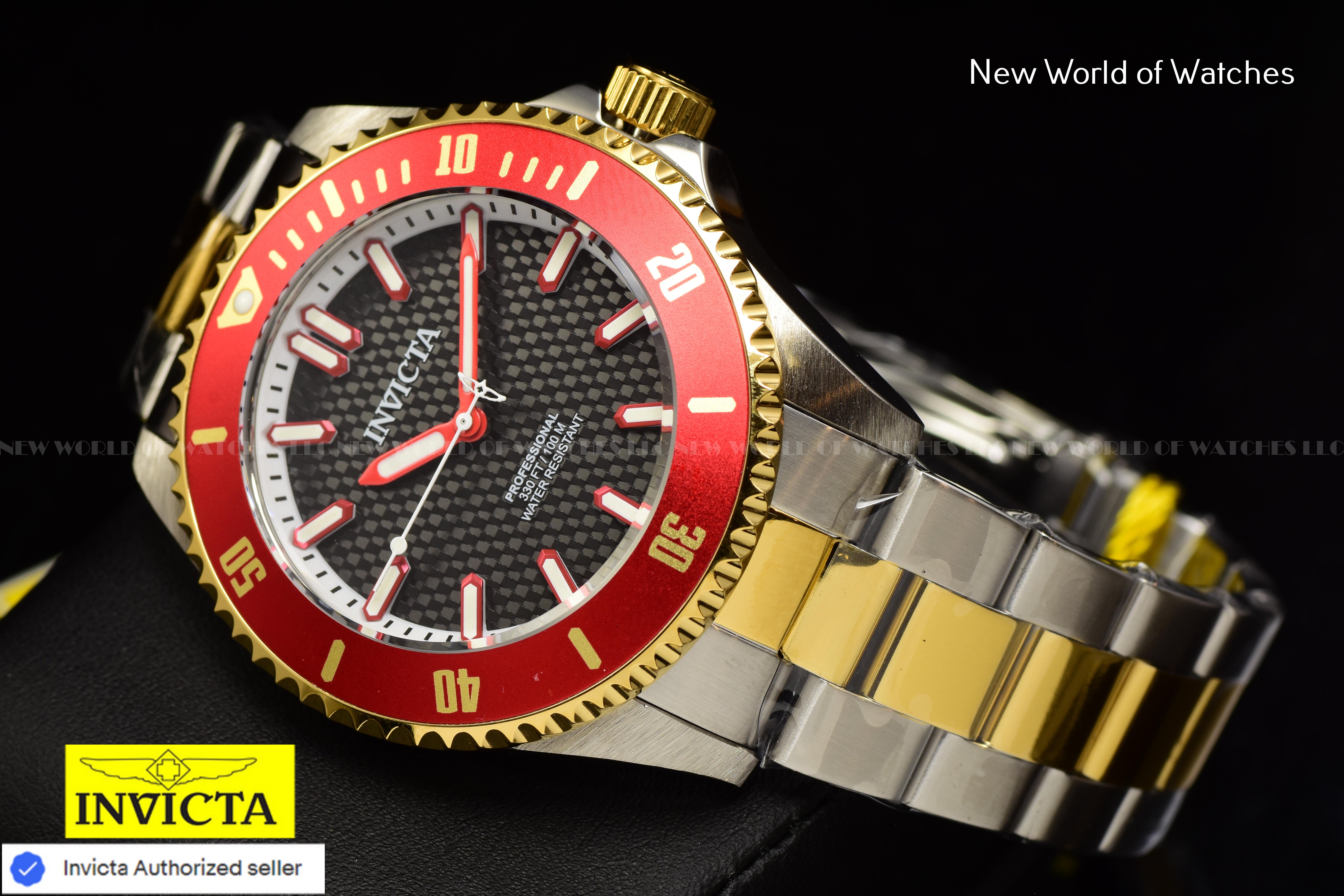 Invicta Men's Pro Diver Black Dial Red Bezel Two Tone Band 44mm Watch