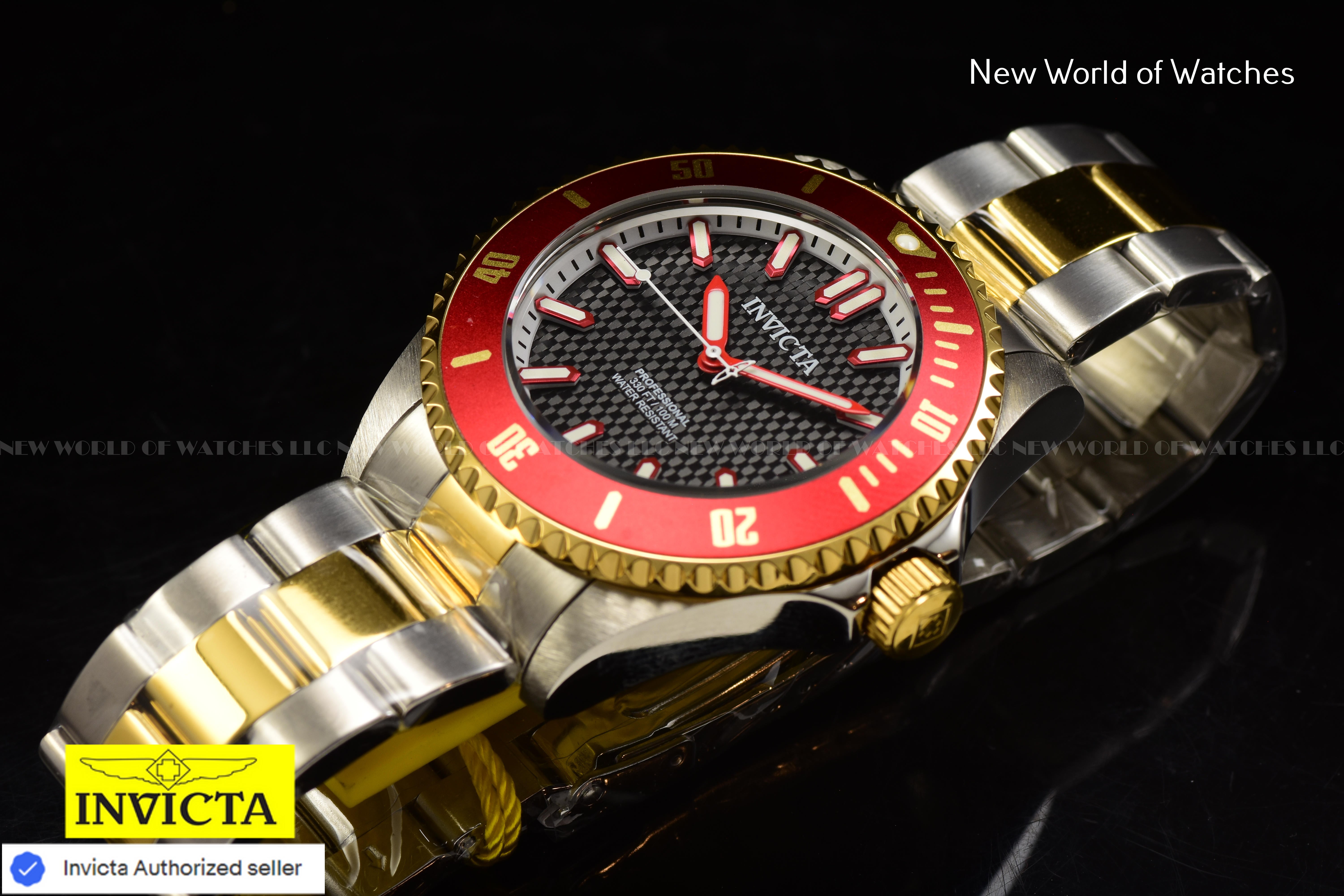 Invicta Men's Pro Diver Black Dial Red Bezel Two Tone Band 44mm Watch