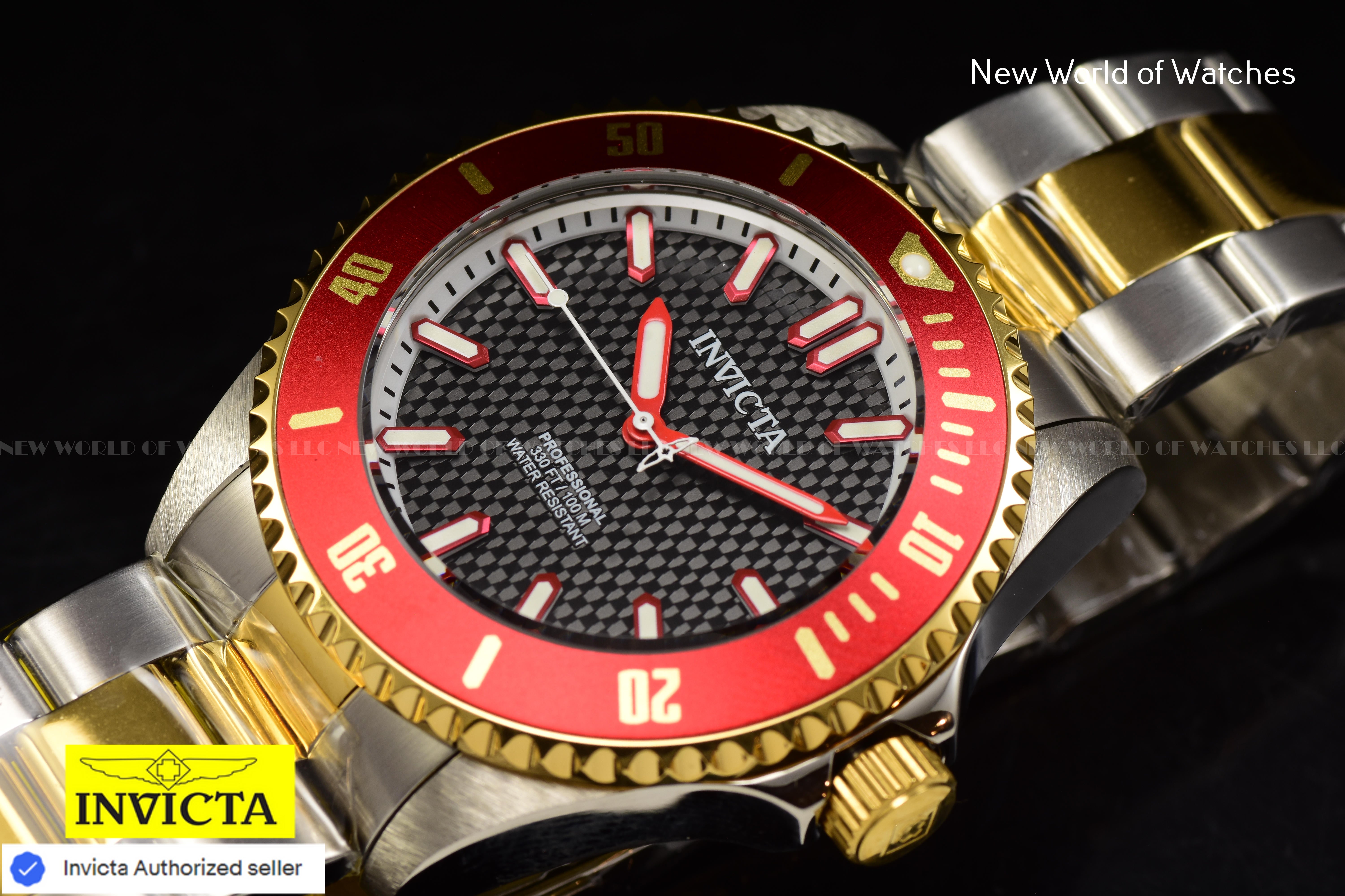 Invicta Men's Pro Diver Black Dial Red Bezel Two Tone Band 44mm Watch