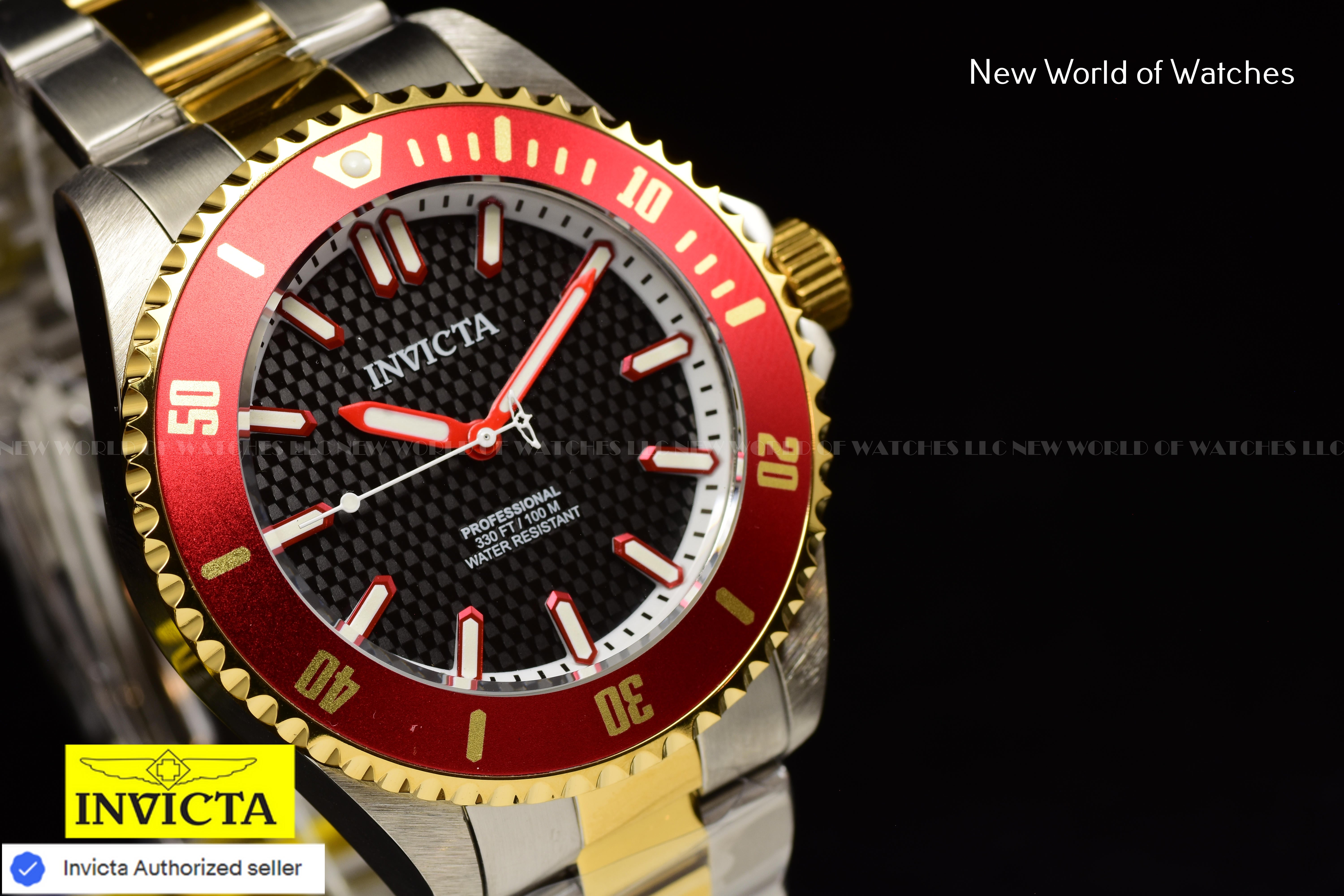 Invicta Men's Pro Diver Black Dial Red Bezel Two Tone Band 44mm Watch