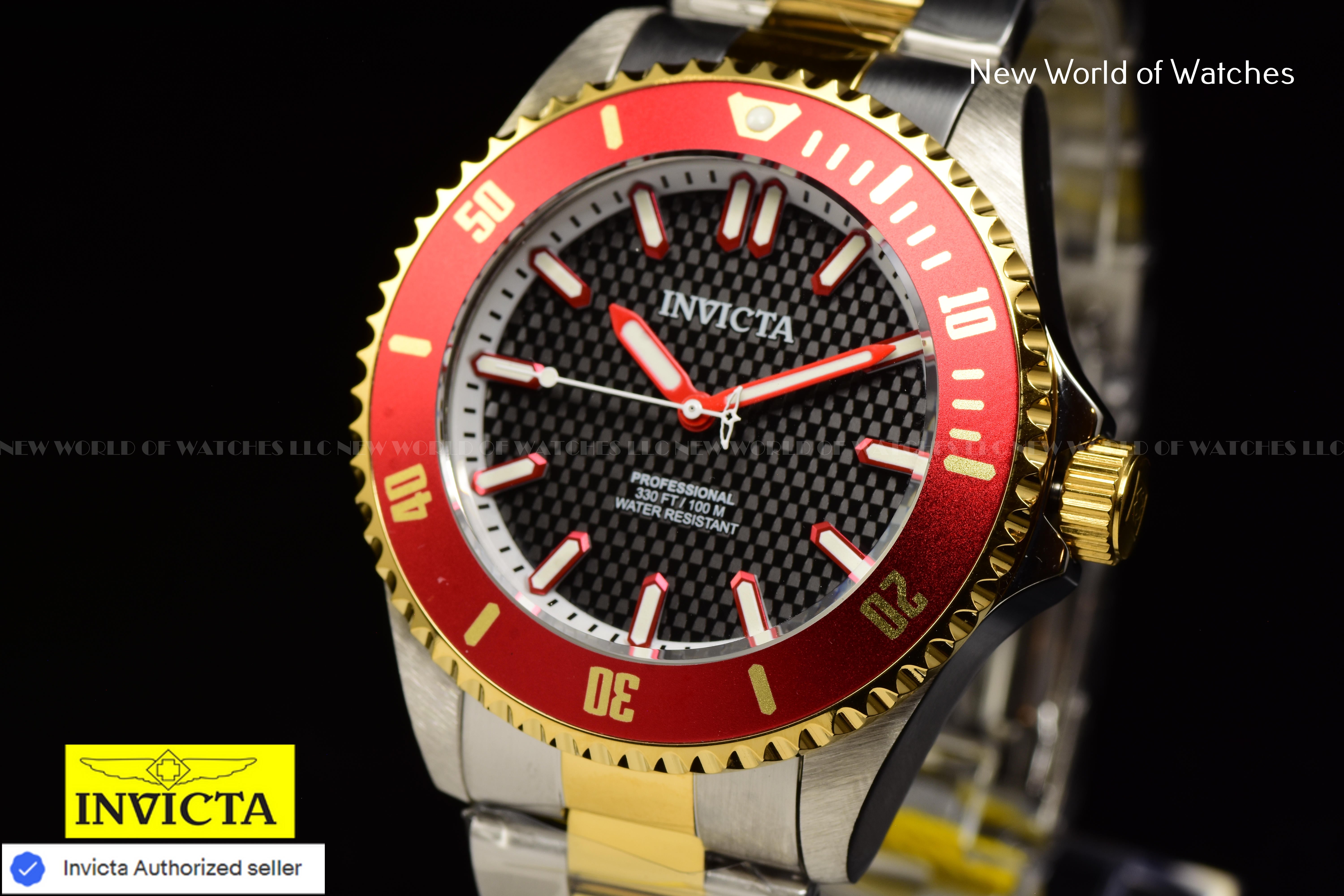Invicta Men's Pro Diver Black Dial Red Bezel Two Tone Band 44mm Watch
