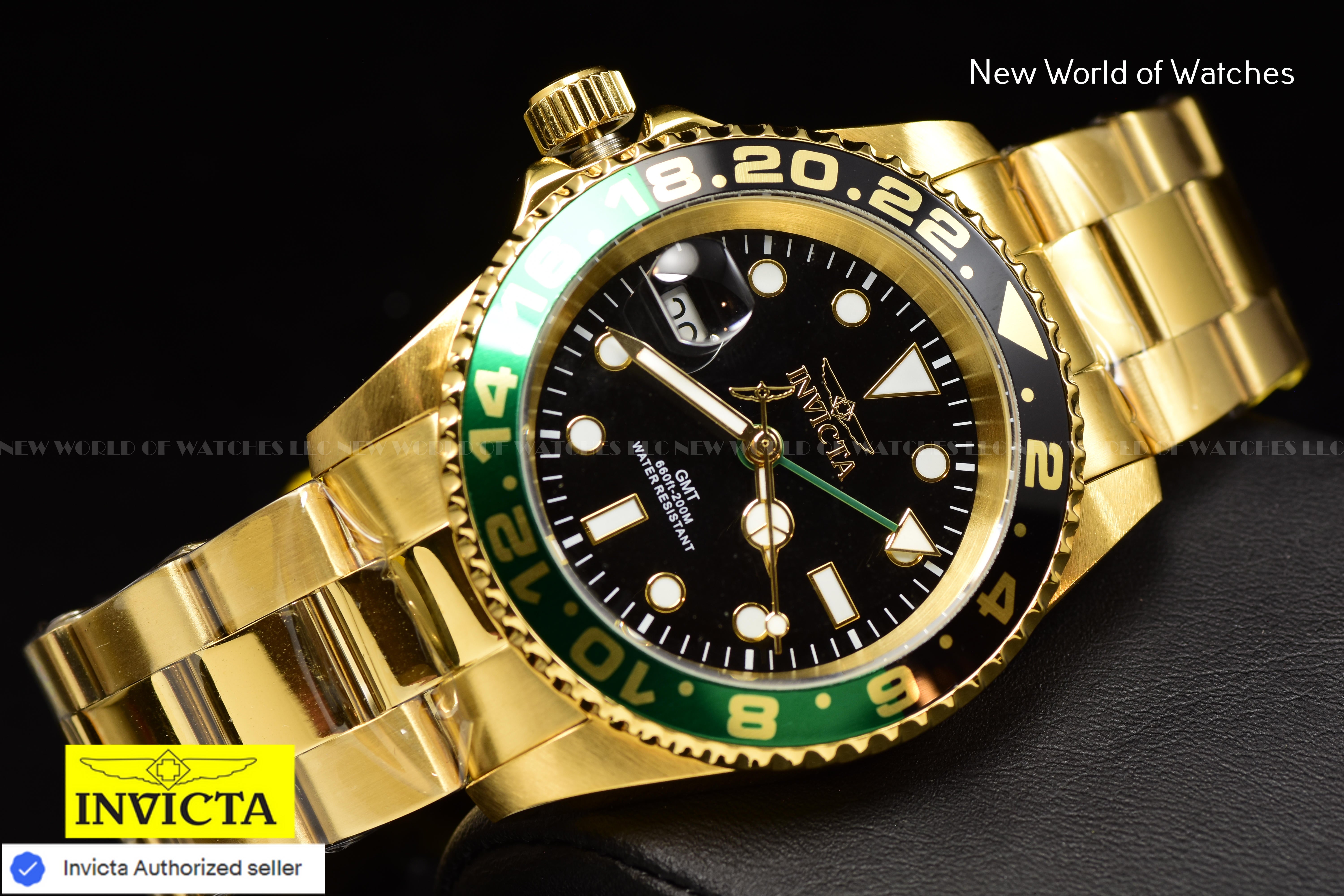 Invicta Men's Pro Diver LEFTY GREEN GMT Swiss Quartz Two Tone Bezel Gold Watch