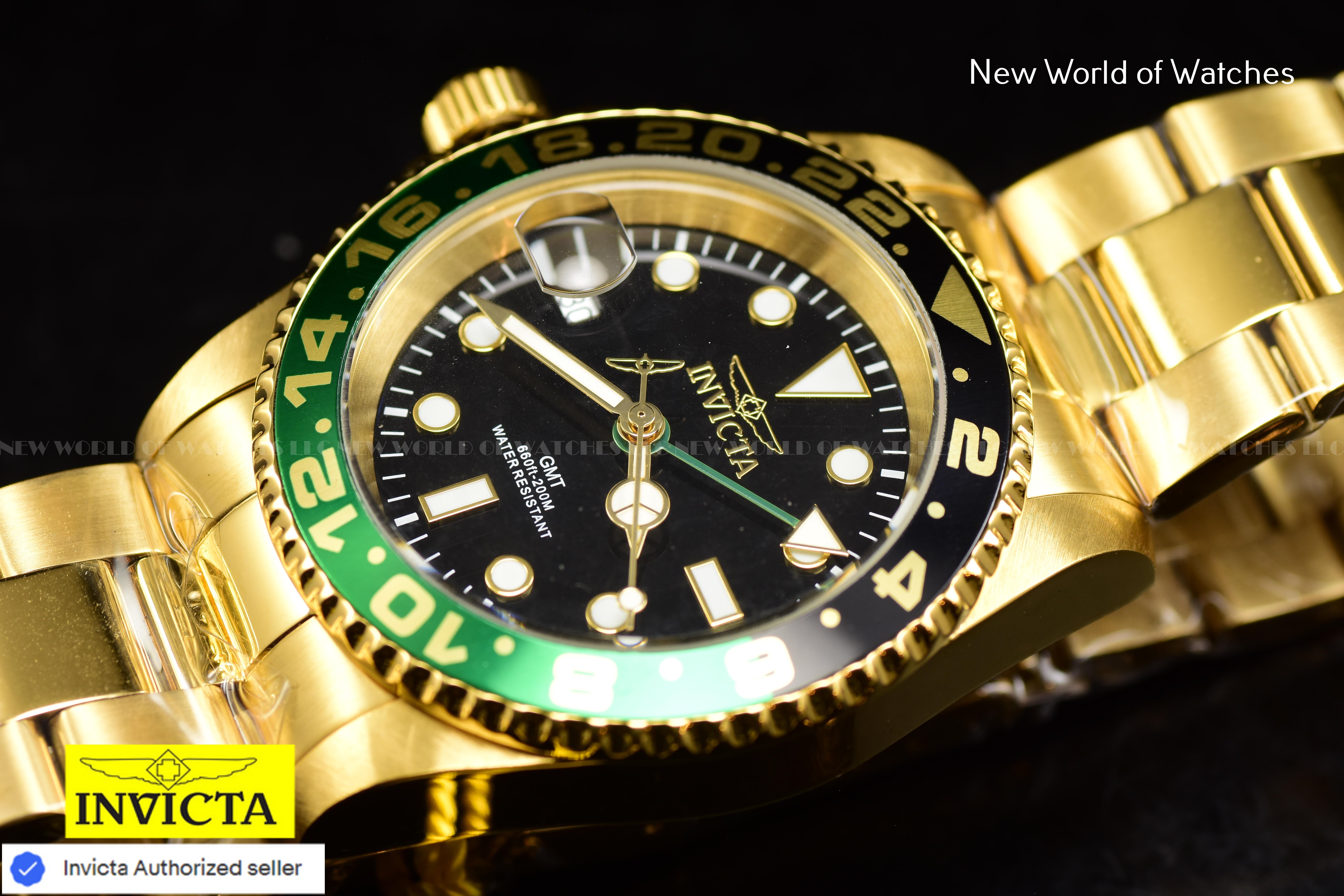 Invicta Men's Pro Diver LEFTY GREEN GMT Swiss Quartz Two Tone Bezel Gold Watch