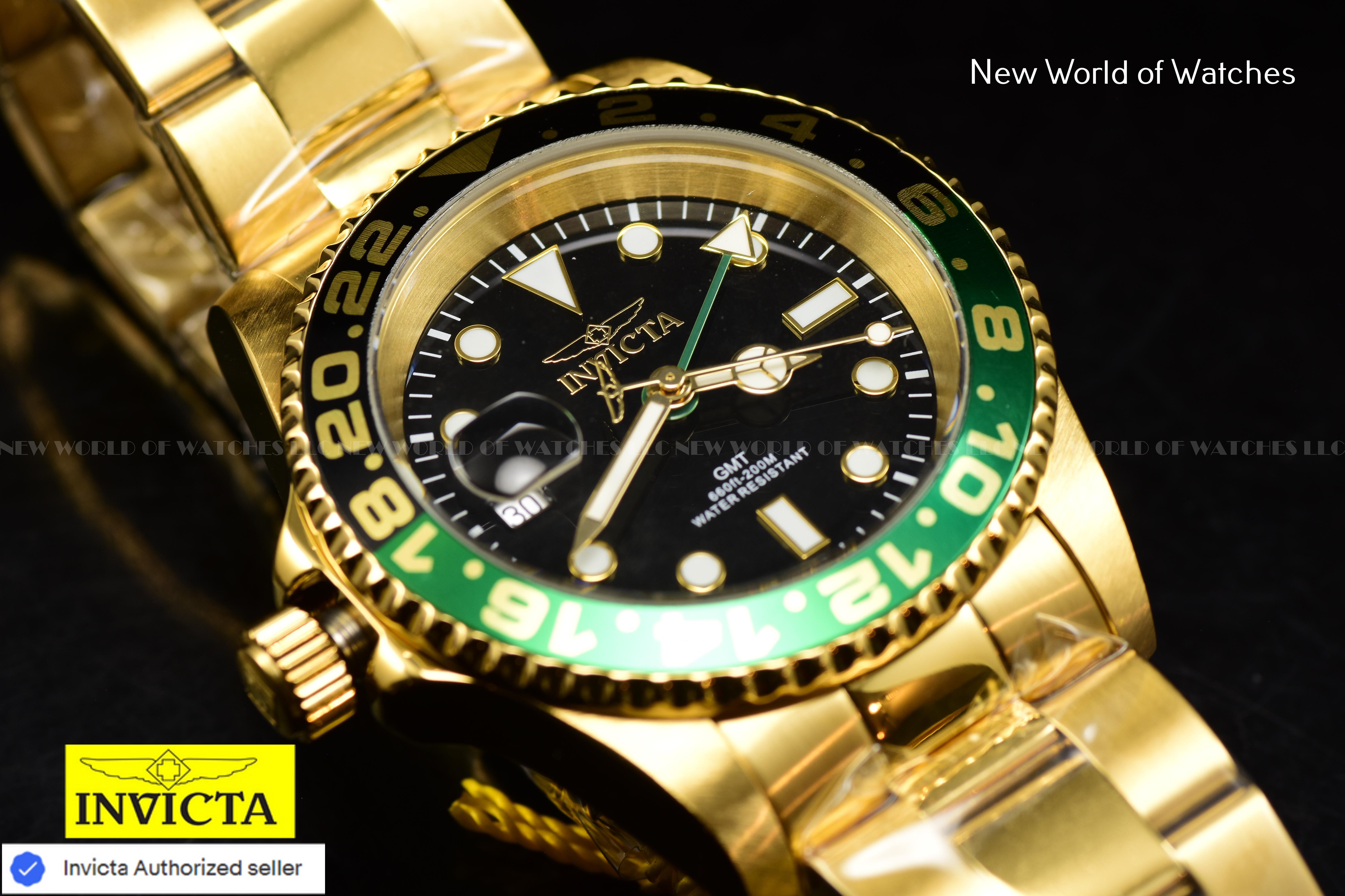 Invicta Men's Pro Diver LEFTY GREEN GMT Swiss Quartz Two Tone Bezel Gold Watch