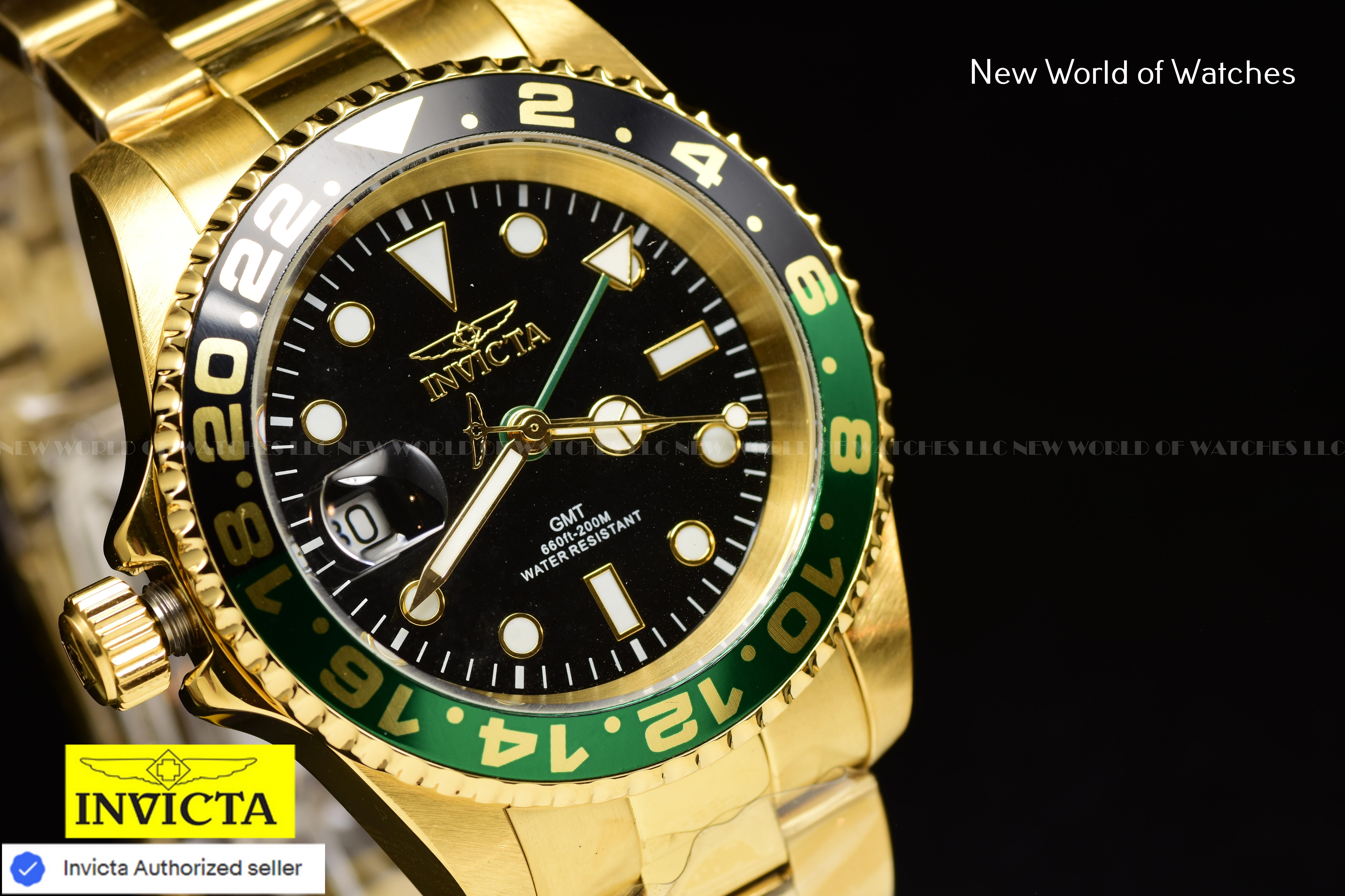 Invicta Men's Pro Diver LEFTY GREEN GMT Swiss Quartz Two Tone Bezel Gold Watch
