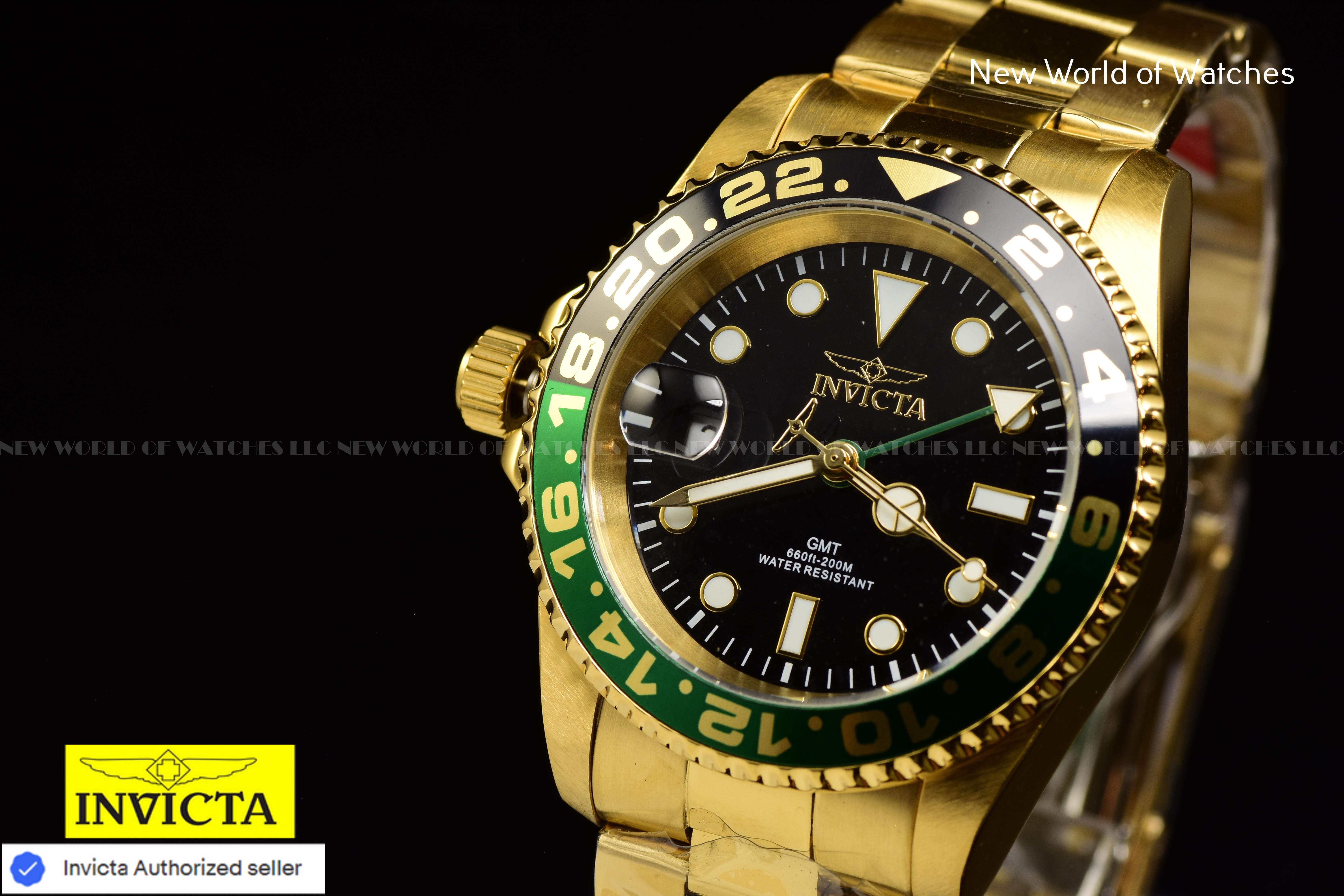 Invicta Men's Pro Diver LEFTY GREEN GMT Swiss Quartz Two Tone Bezel Gold Watch