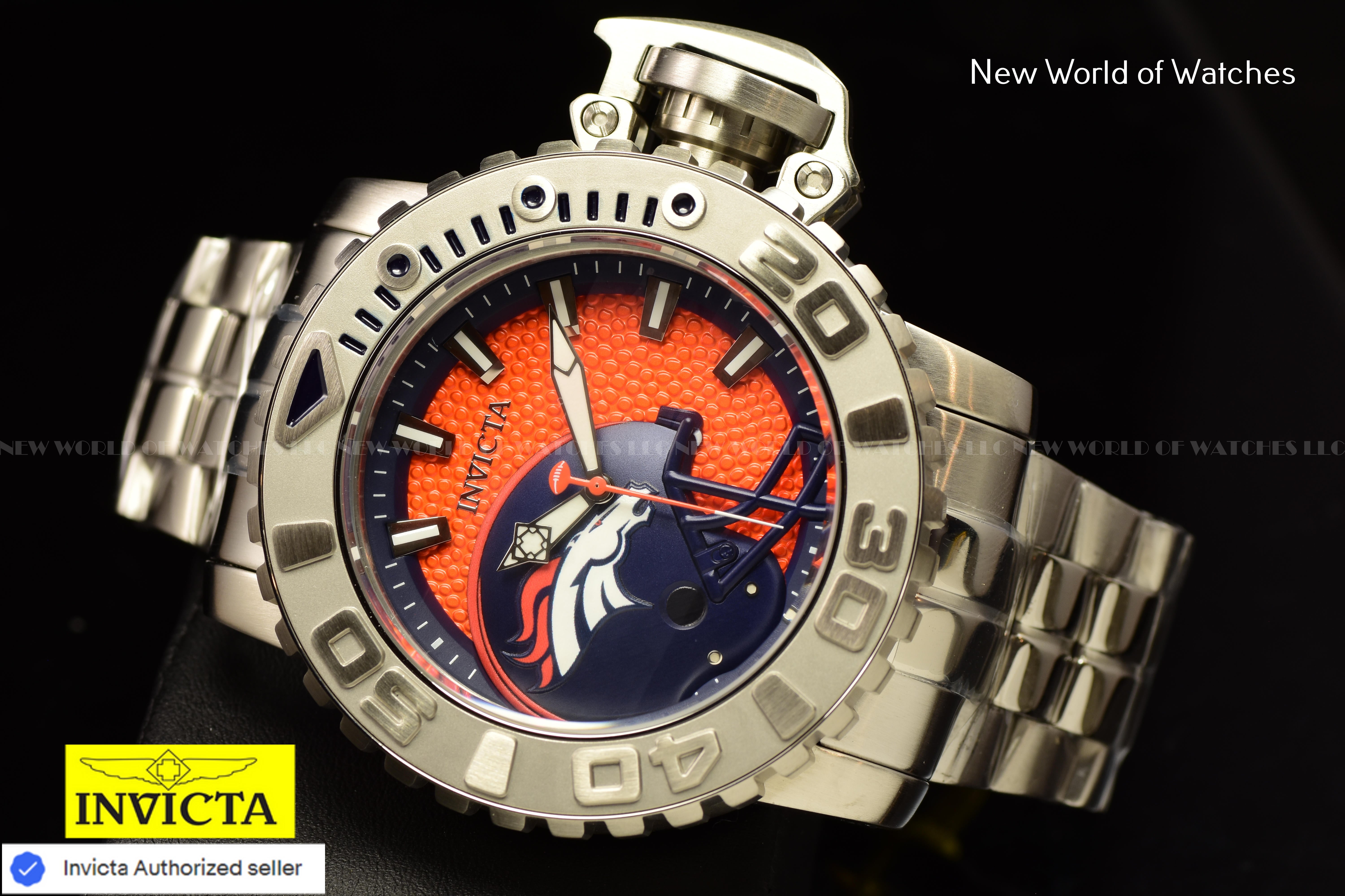 Rare Invicta NFL Denver Broncos SEA HUNTER 58mm Orange Dial Automatic Men Watch