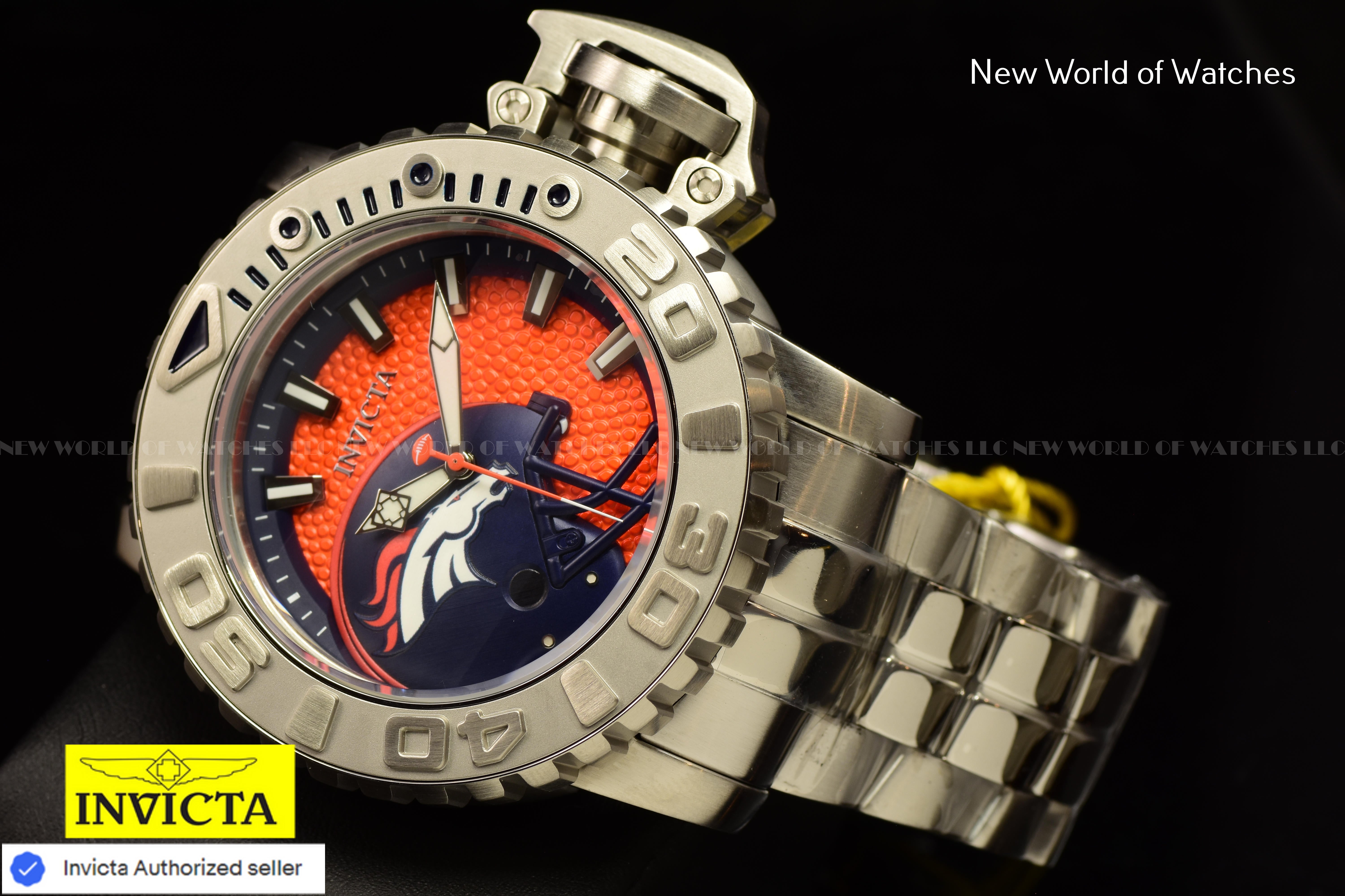 Rare Invicta NFL Denver Broncos SEA HUNTER 58mm Orange Dial Automatic Men Watch
