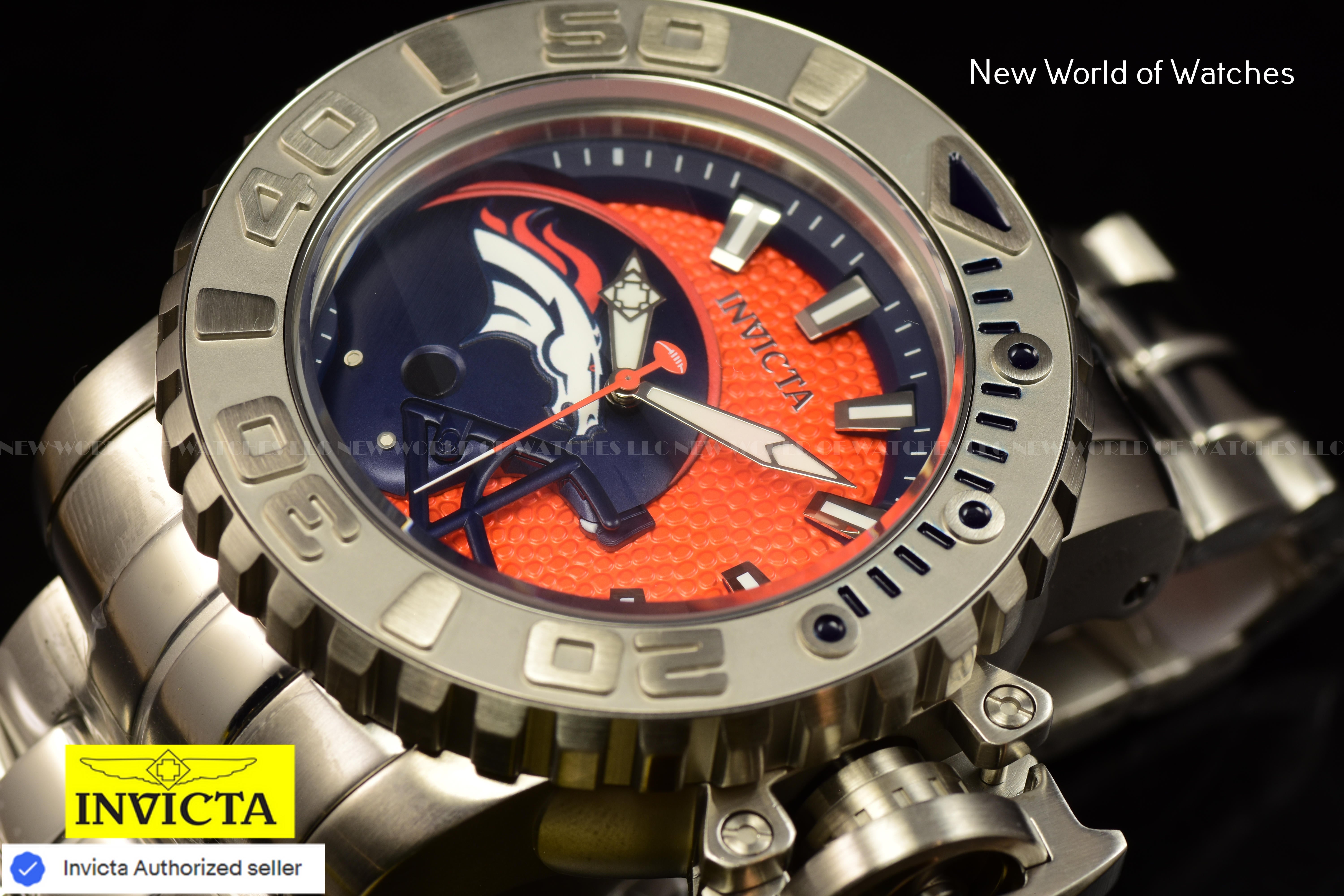 Rare Invicta NFL Denver Broncos SEA HUNTER 58mm Orange Dial Automatic Men Watch