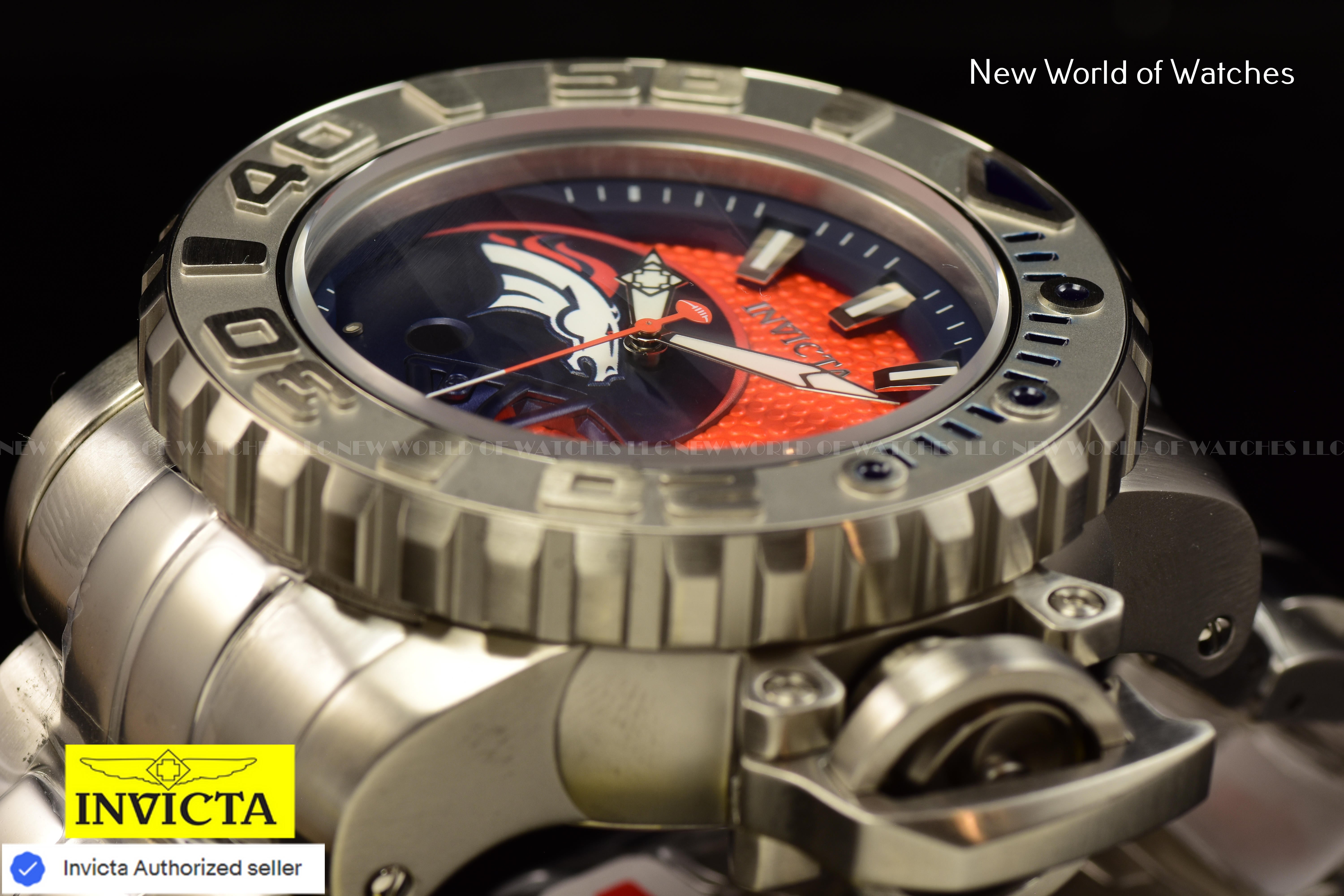 Rare Invicta NFL Denver Broncos SEA HUNTER 58mm Orange Dial Automatic Men Watch