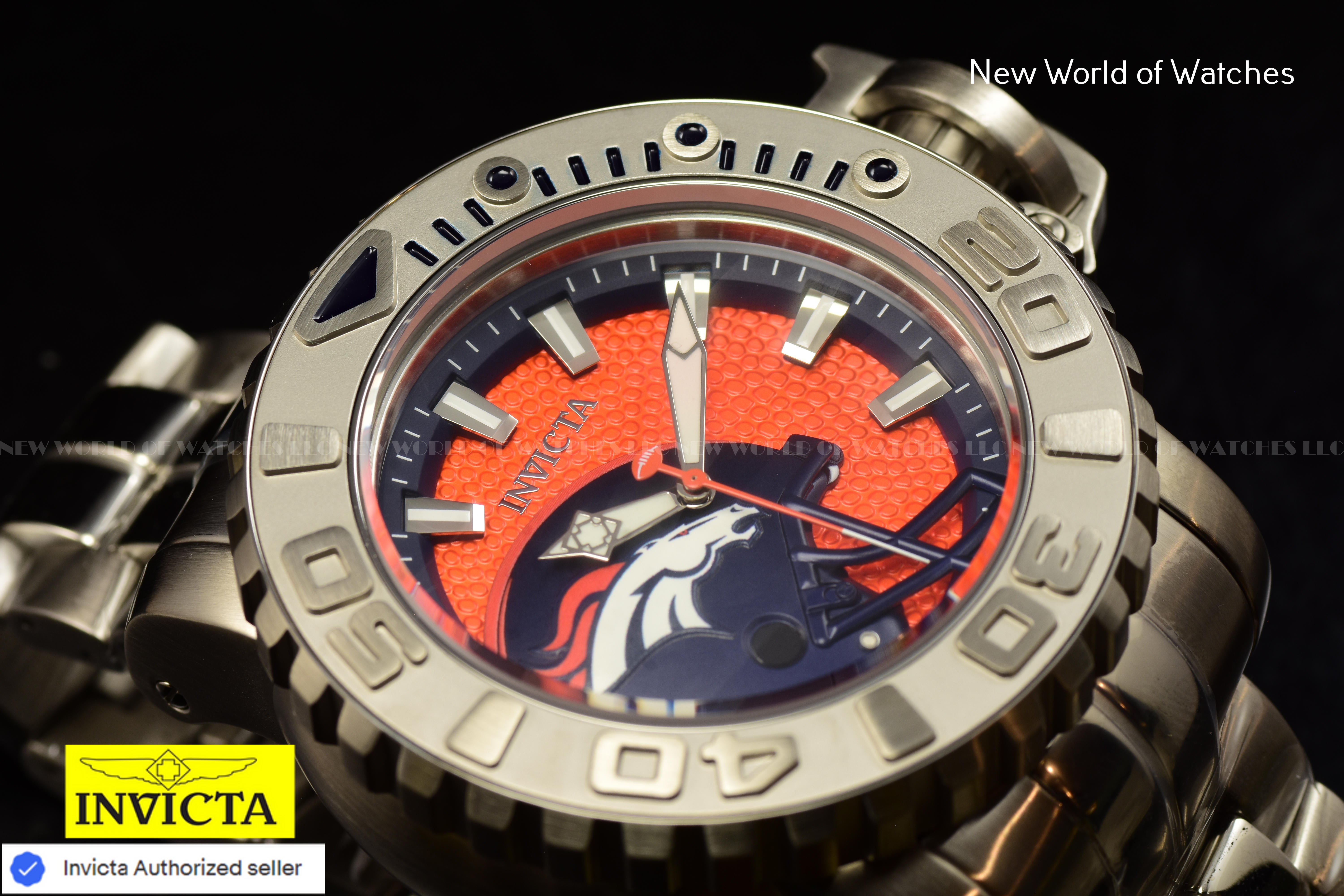 Rare Invicta NFL Denver Broncos SEA HUNTER 58mm Orange Dial Automatic Men Watch