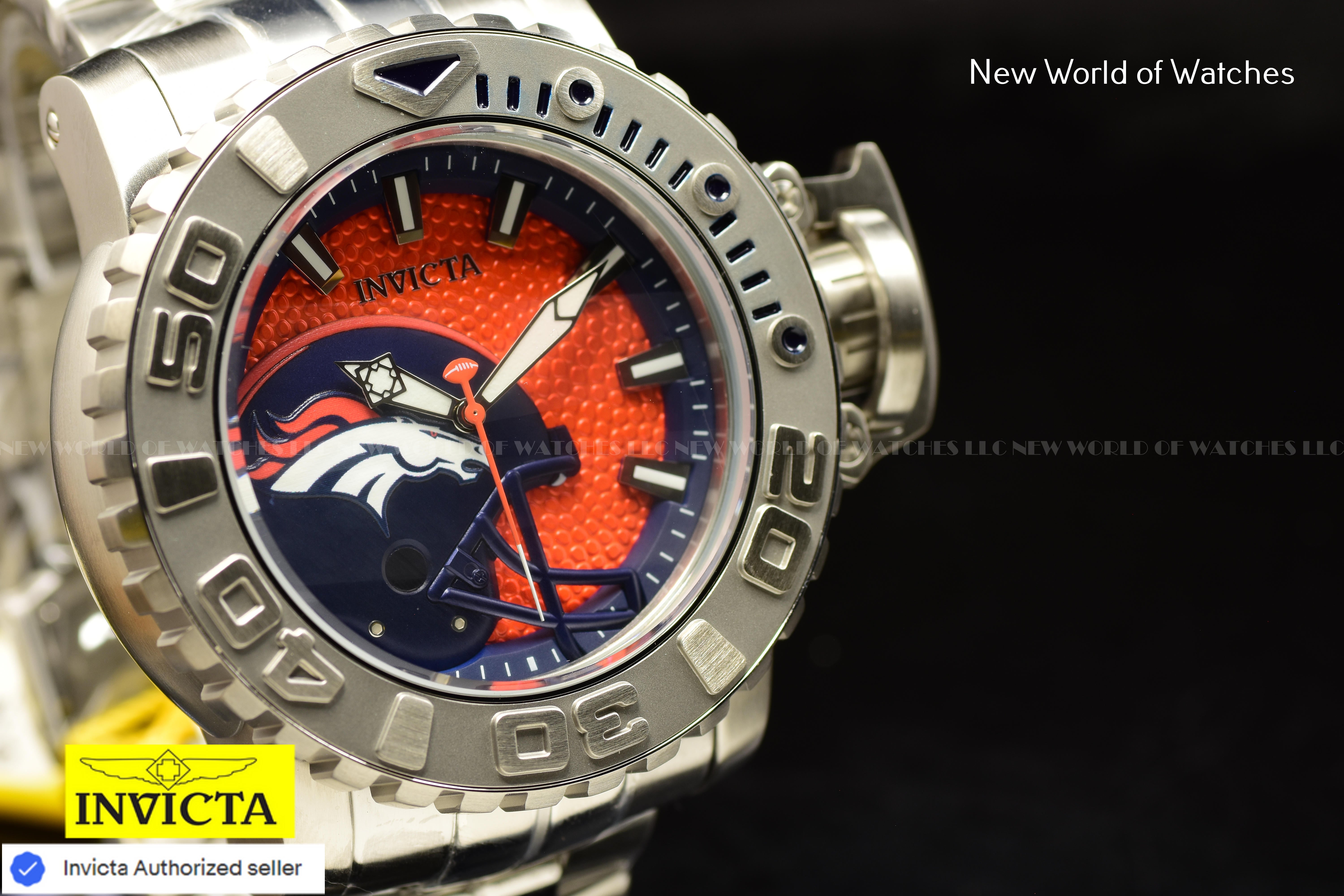 Rare Invicta NFL Denver Broncos SEA HUNTER 58mm Orange Dial Automatic Men Watch