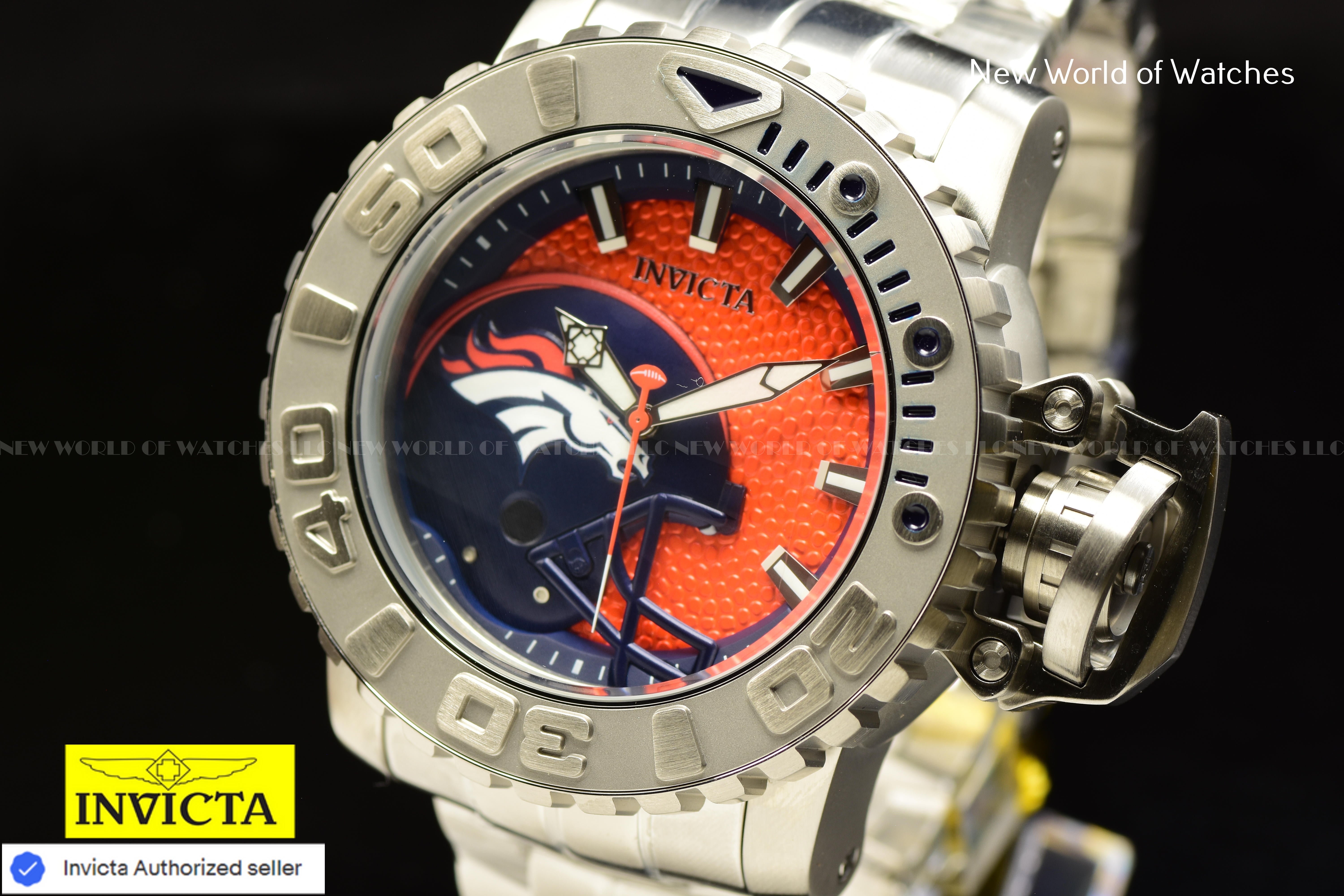 Rare Invicta NFL Denver Broncos SEA HUNTER 58mm Orange Dial Automatic Men Watch