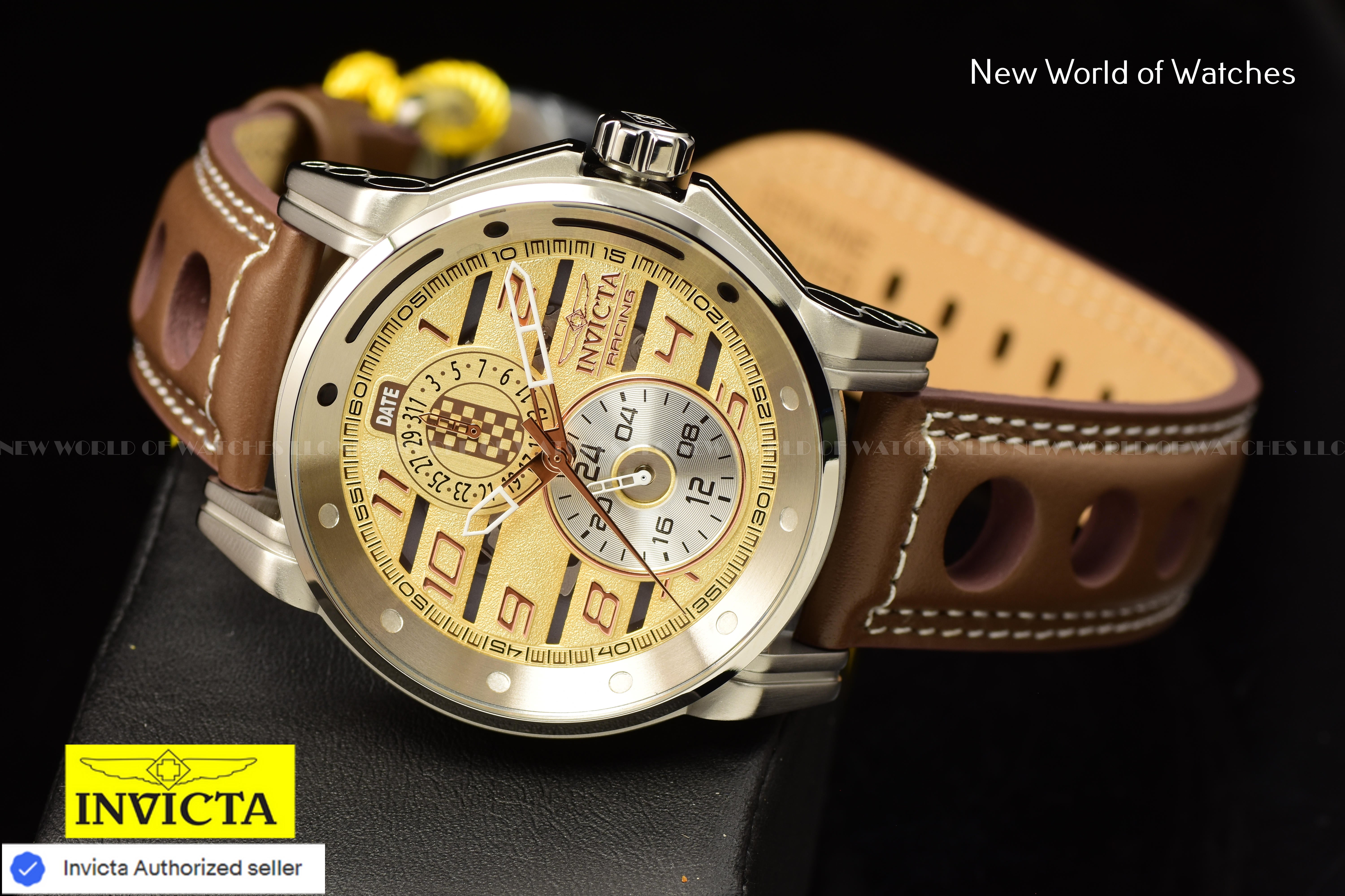 Invicta Racing Men's 46mm Ivory Dial GMT Leather Band Quartz Watch 47538