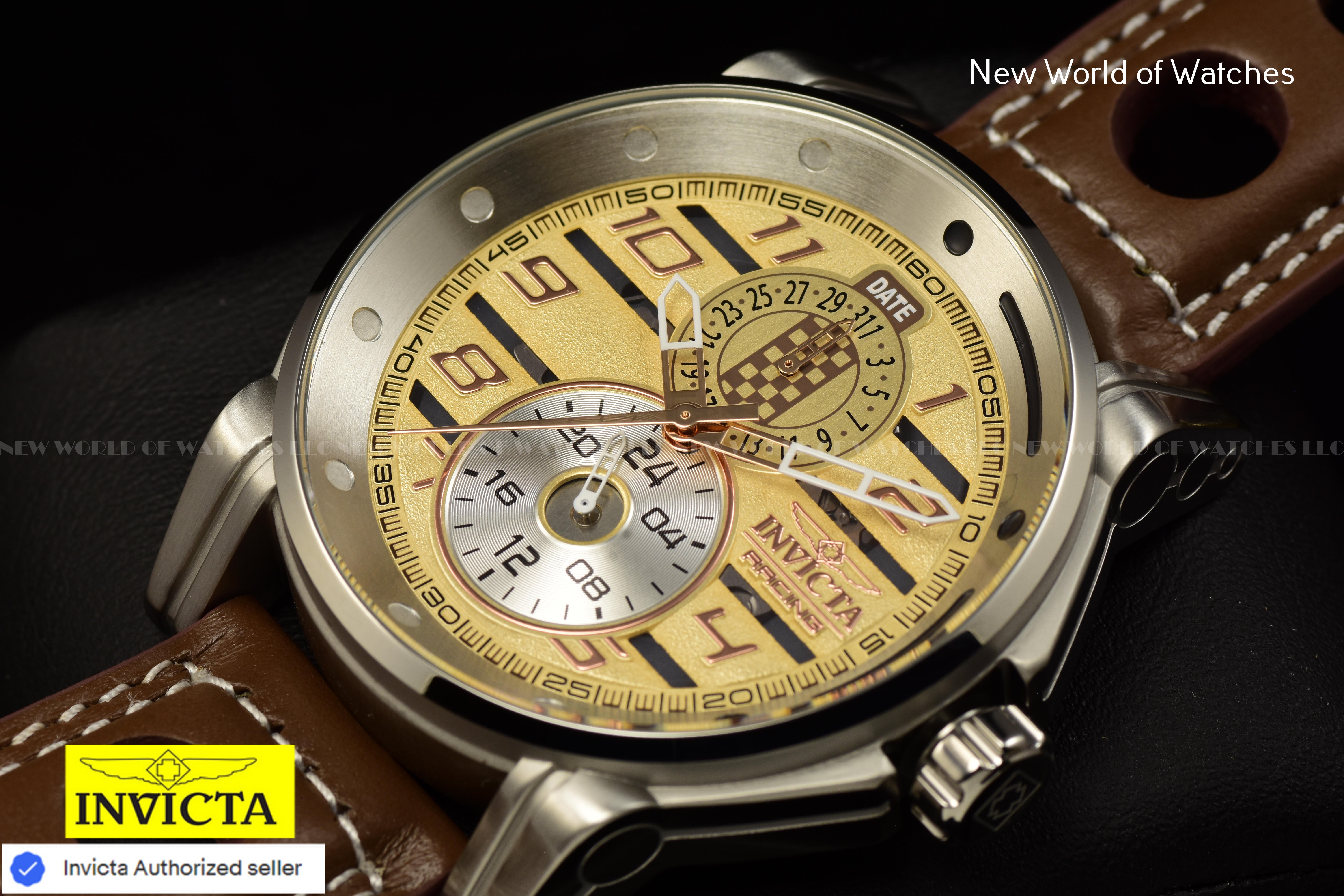 Invicta Racing Men's 46mm Ivory Dial GMT Leather Band Quartz Watch 47538