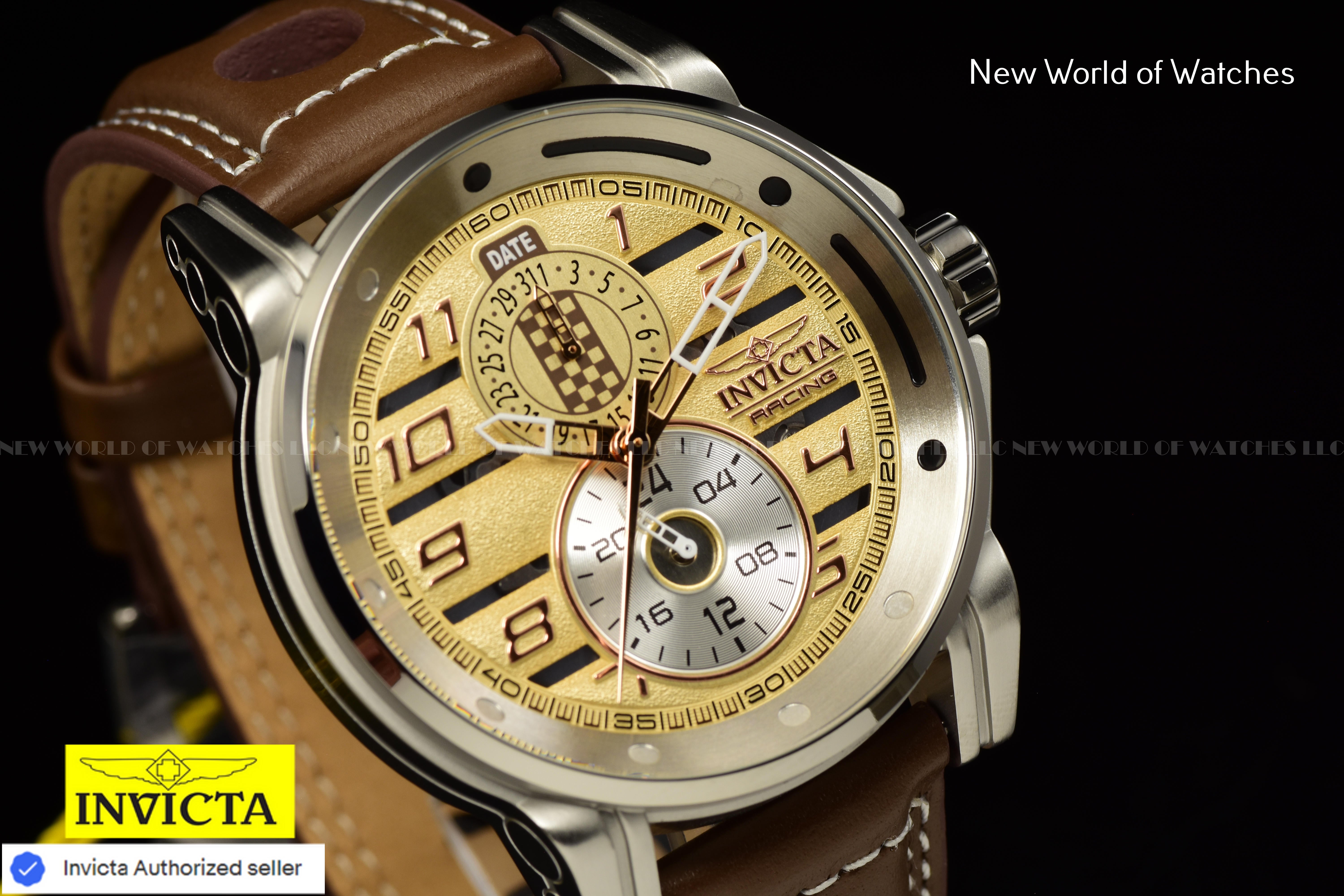 Invicta Racing Men's 46mm Ivory Dial GMT Leather Band Quartz Watch 47538