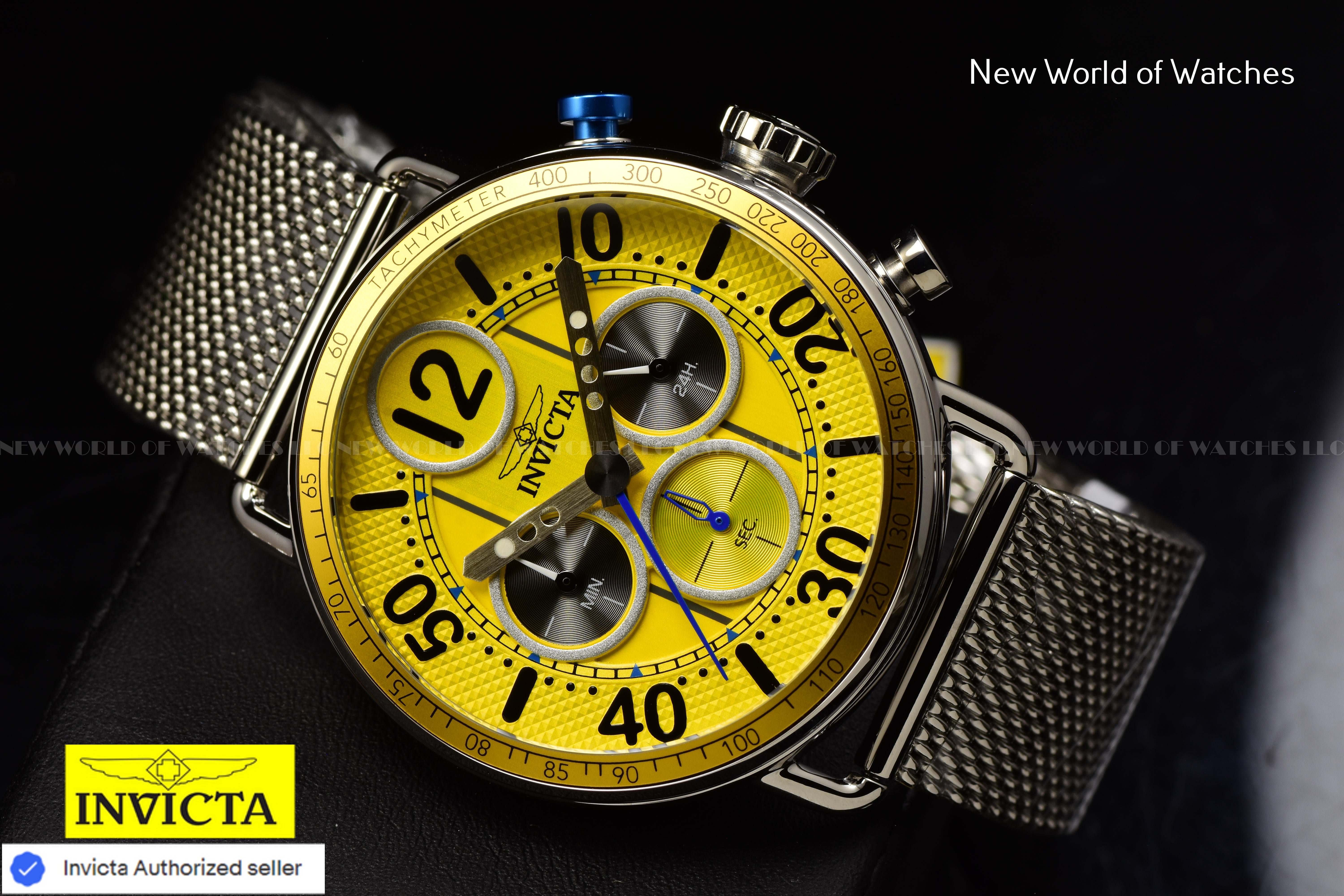 Invicta Mens SPEEDWAY GEARSHIFT 44mm YELLOW Dial Mesh Bracelet Chronograph Watch