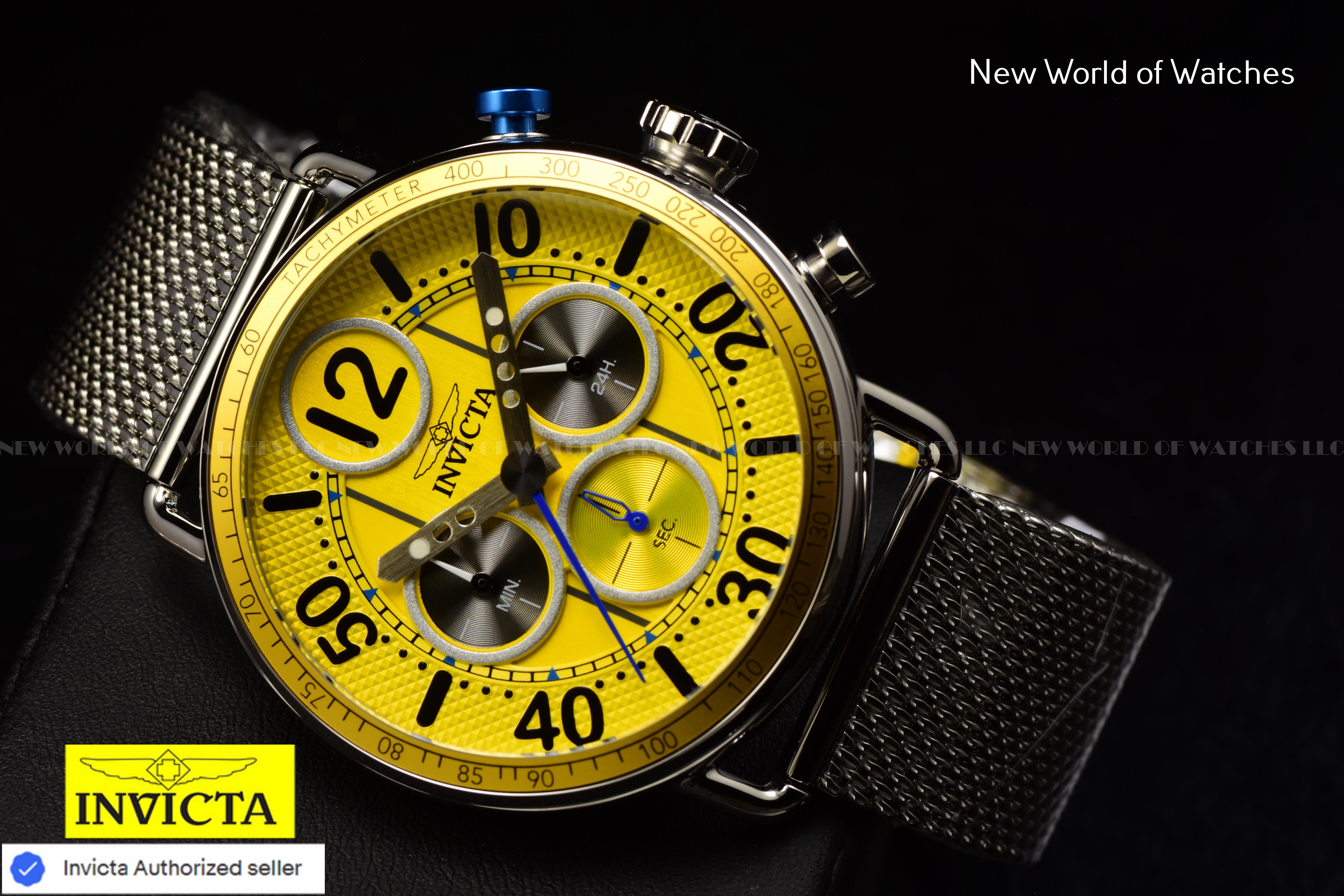 Invicta Mens SPEEDWAY GEARSHIFT 44mm YELLOW Dial Mesh Bracelet Chronograph Watch