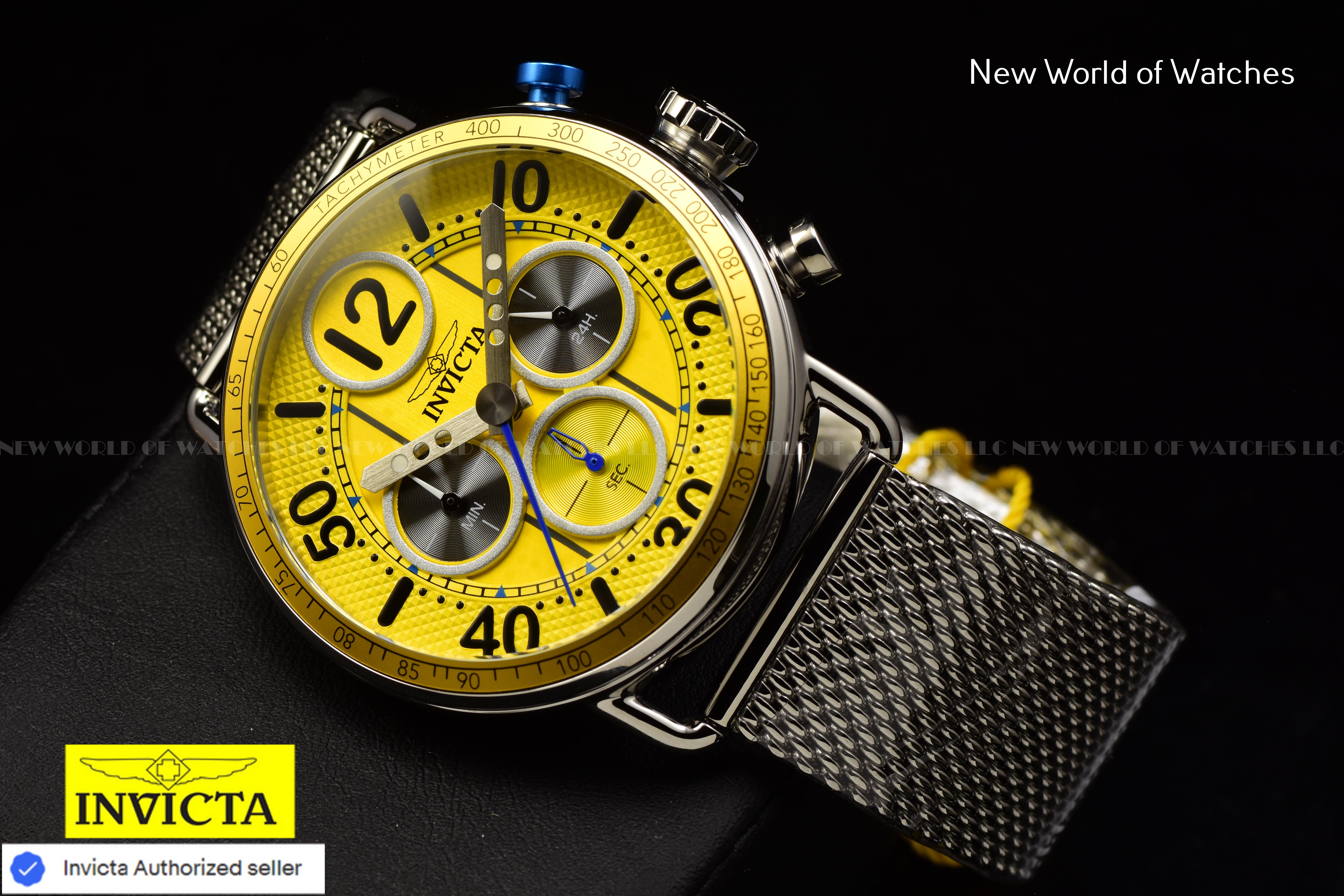 Invicta Mens SPEEDWAY GEARSHIFT 44mm YELLOW Dial Mesh Bracelet Chronograph Watch