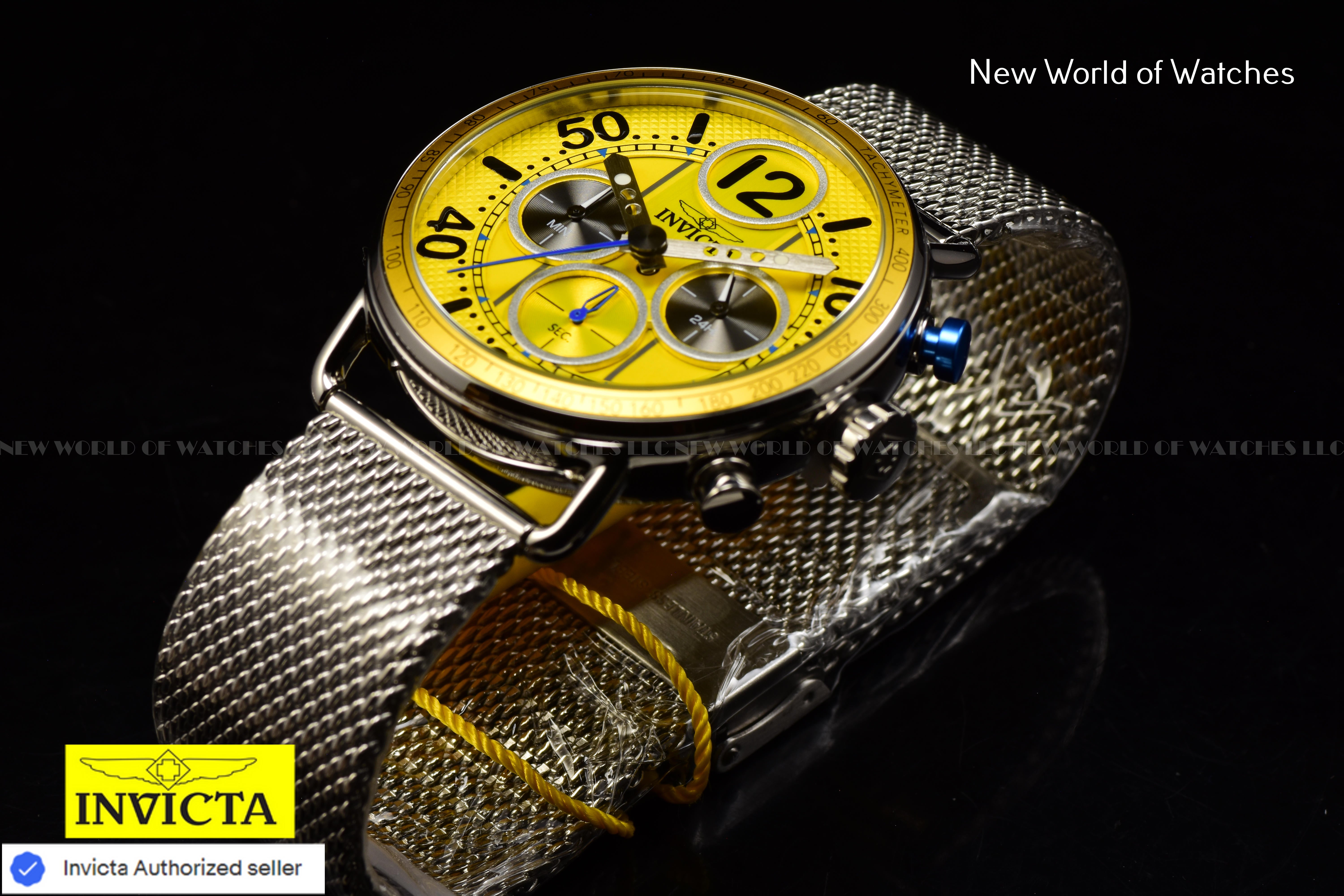 Invicta Mens SPEEDWAY GEARSHIFT 44mm YELLOW Dial Mesh Bracelet Chronograph Watch